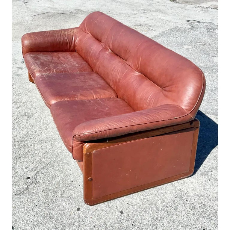Vintage MCM Wood Trimmed Leather Sofa For Sale at 1stDibs