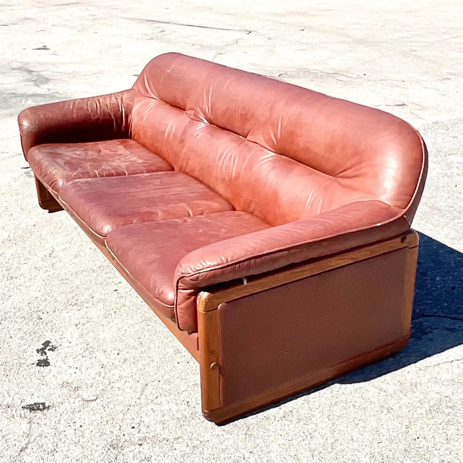 Mid-Century Modern Vintage MCM Wood Trimmed Leather Sofa
