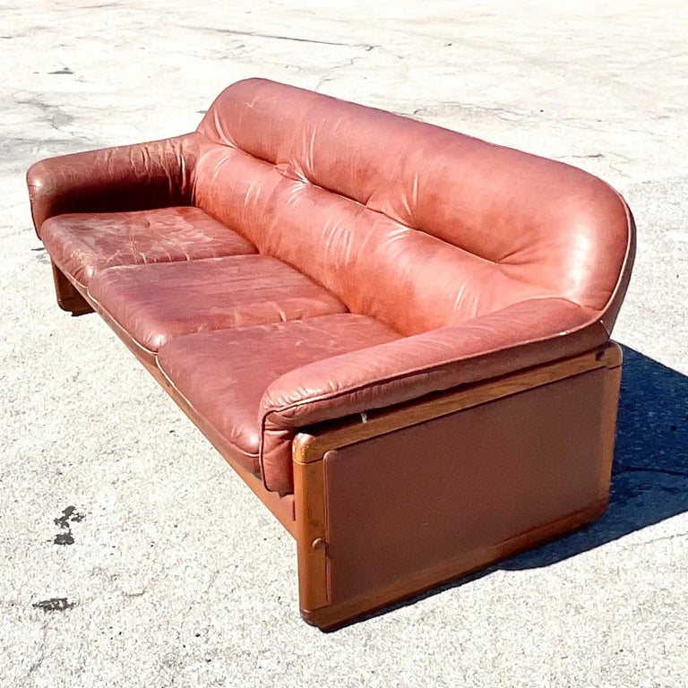 Vintage MCM Wood Trimmed Leather Sofa For Sale at 1stDibs
