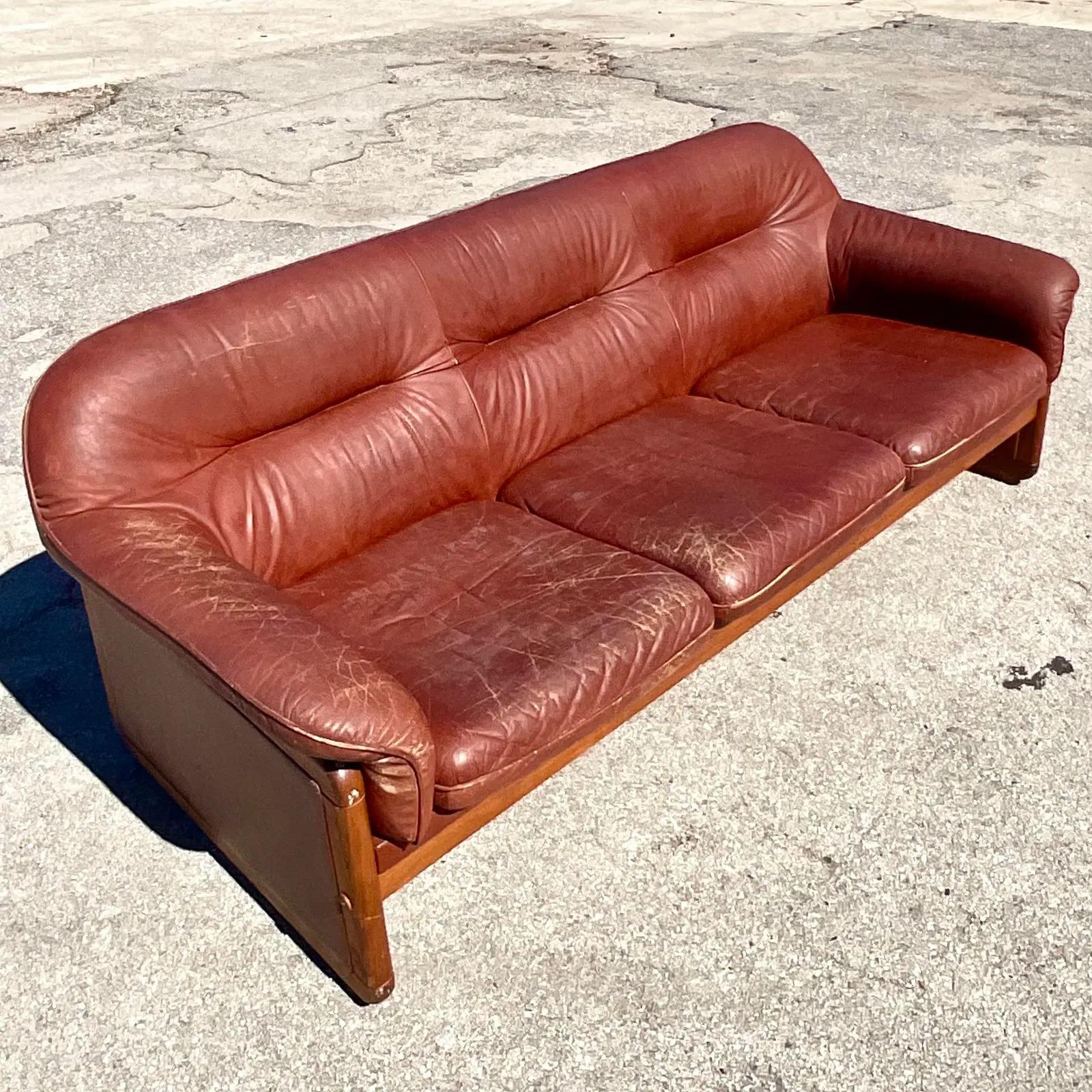 Vintage MCM Wood Trimmed Leather Sofa In Good Condition In west palm beach, FL