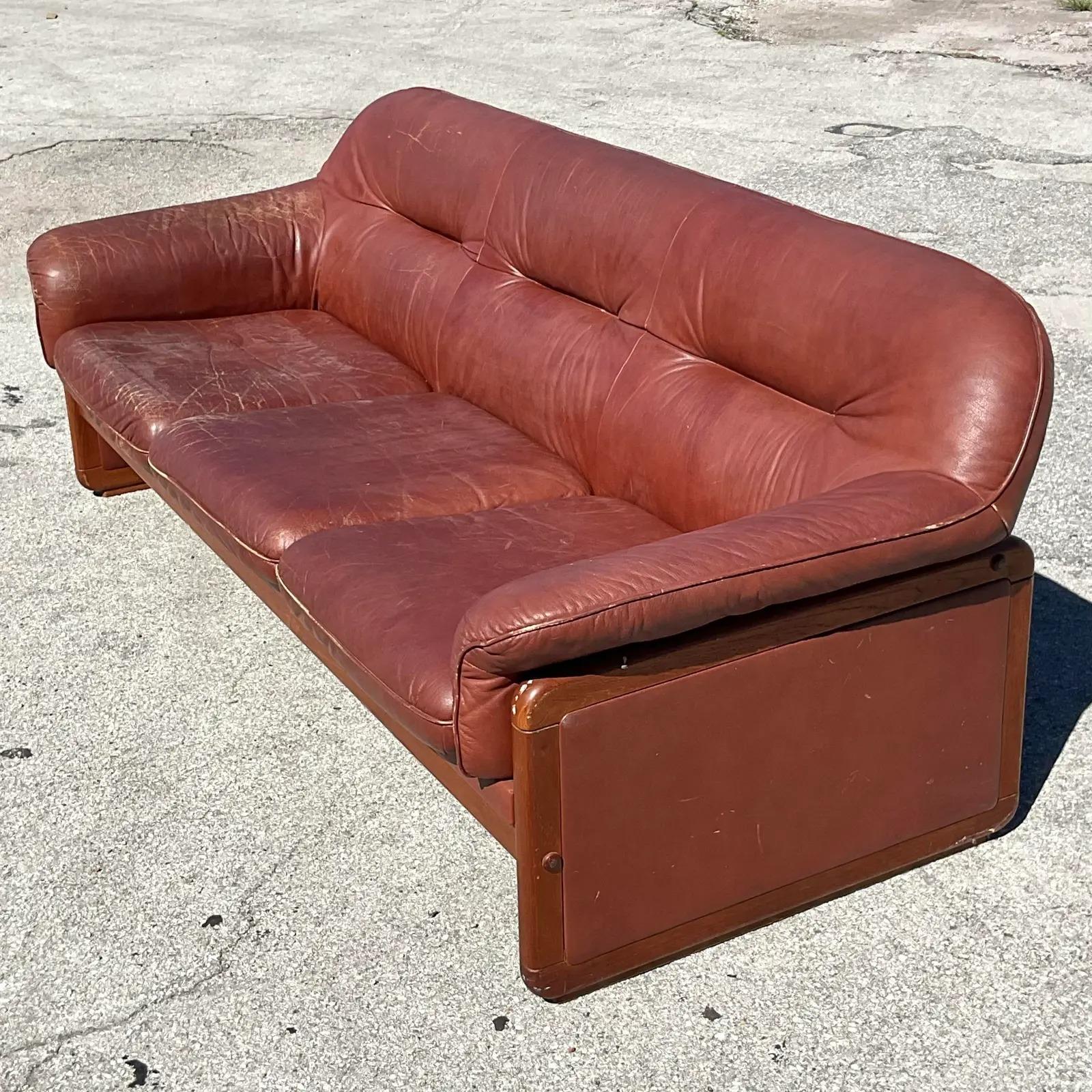 20th Century Vintage MCM Wood Trimmed Leather Sofa