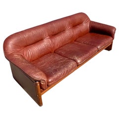 Vintage MCM Wood Trimmed Leather Sofa