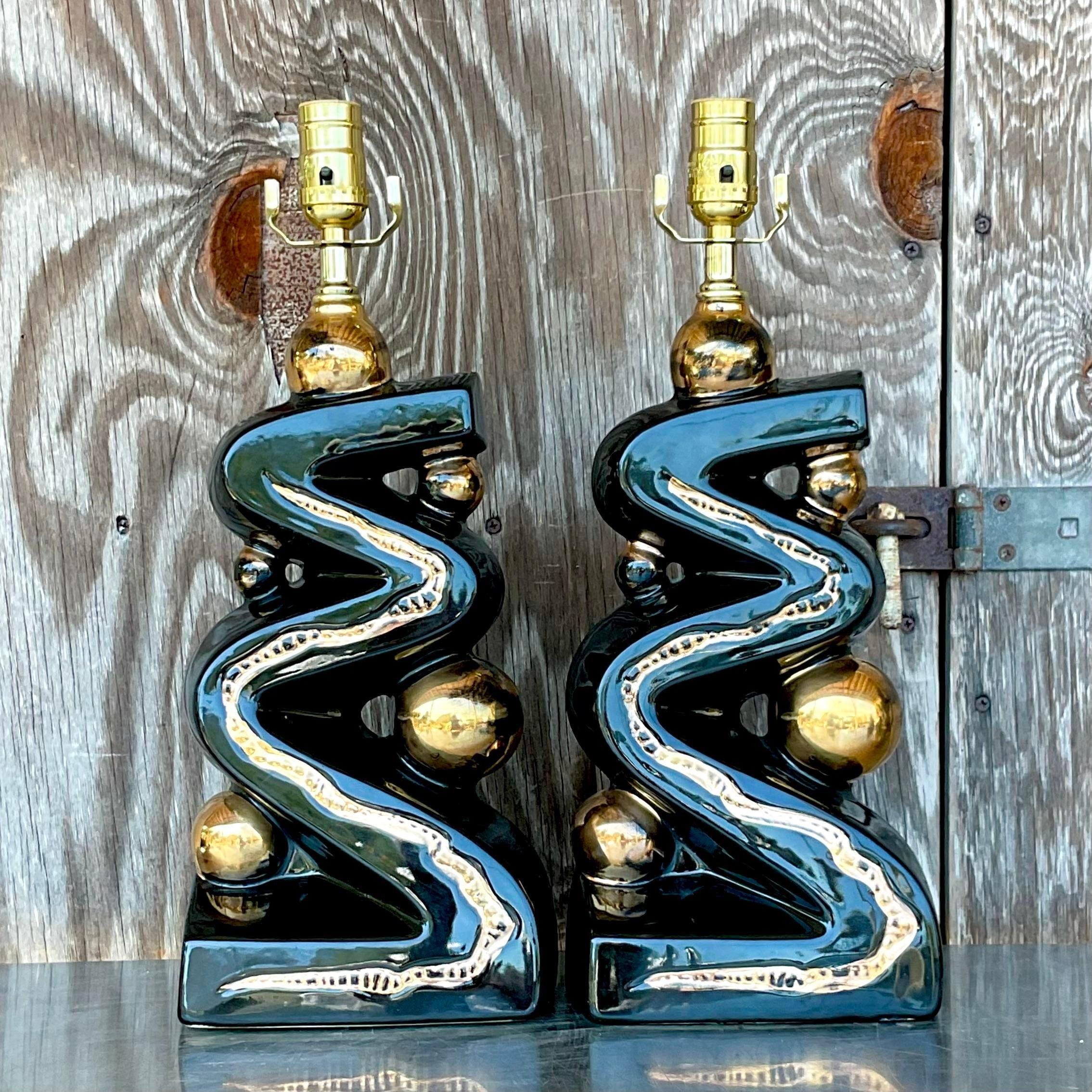 Vintage Mcm Zig Zag Glazed Ceramic Lamps, a Pair In Good Condition In west palm beach, FL