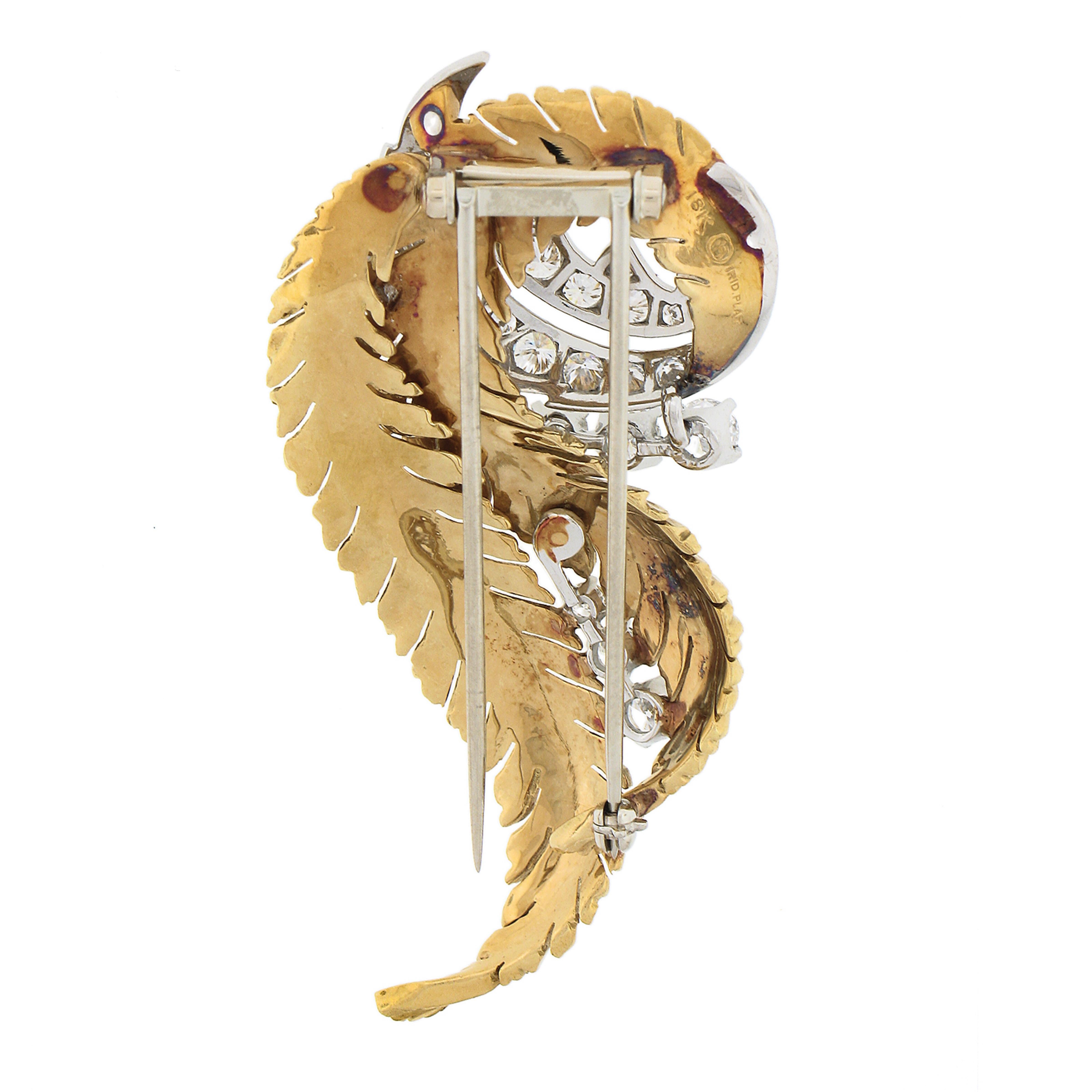 Round Cut Vintage McTeigue & Co. Platinum & 18k Gold Diamond Leaf Feather Brooch Pin For Sale