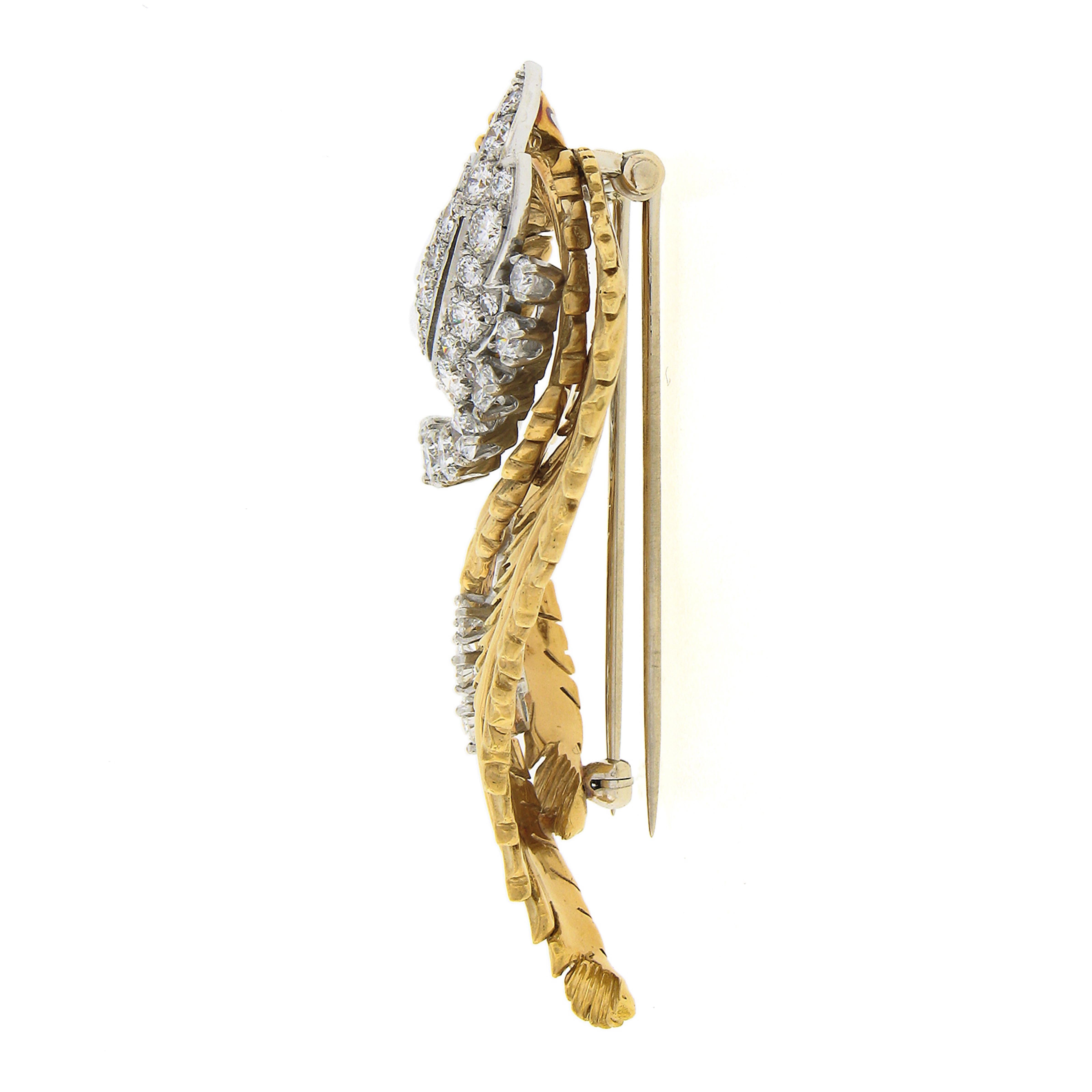 Women's or Men's Vintage McTeigue & Co. Platinum & 18k Gold Diamond Leaf Feather Brooch Pin For Sale
