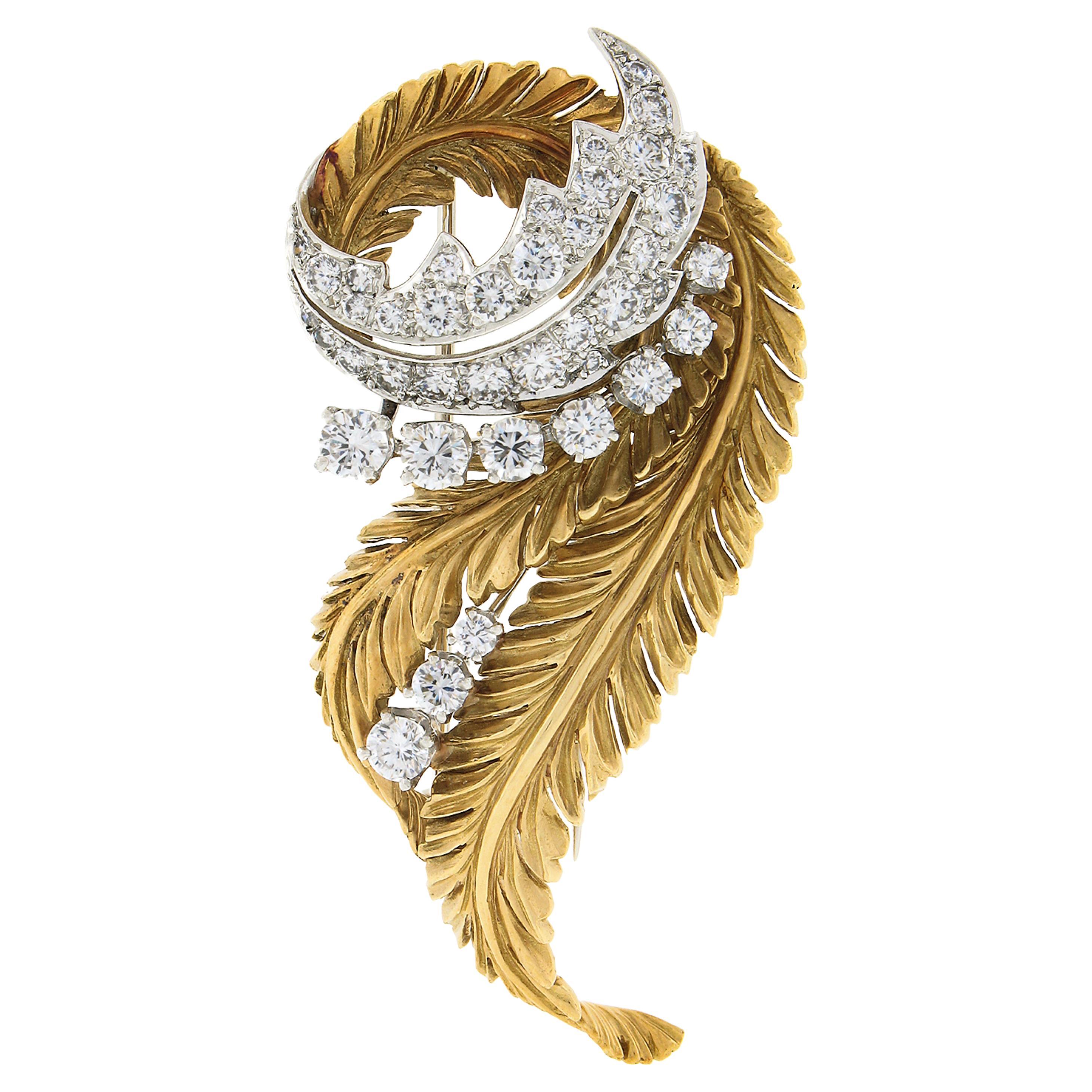 Jahrgang McTeigue & Co. Platin & 18k Gold Diamant Blatt Feder Brosche Pin im Angebot