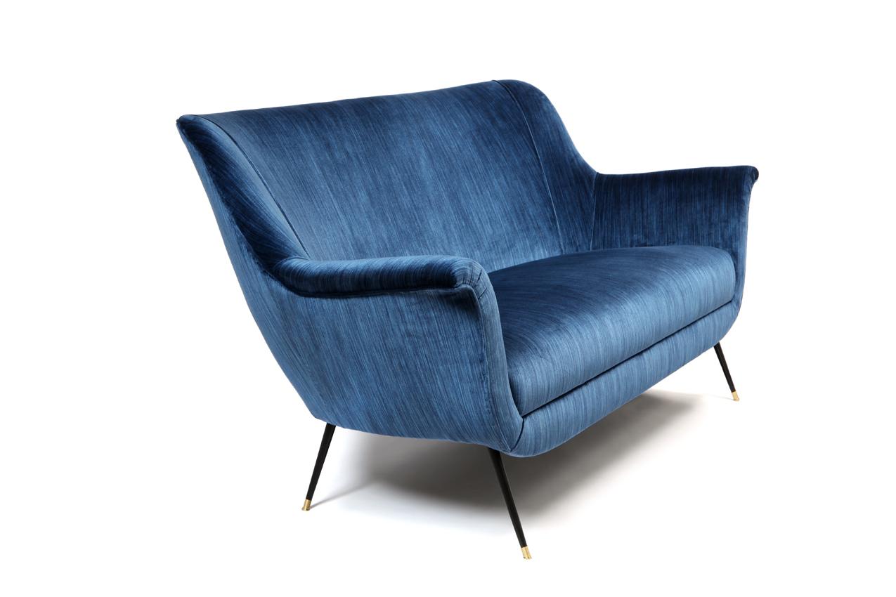 Mid-Century Modern Vintage Midcentury Italian Sofa Upholstered in Blue Silk Velvet