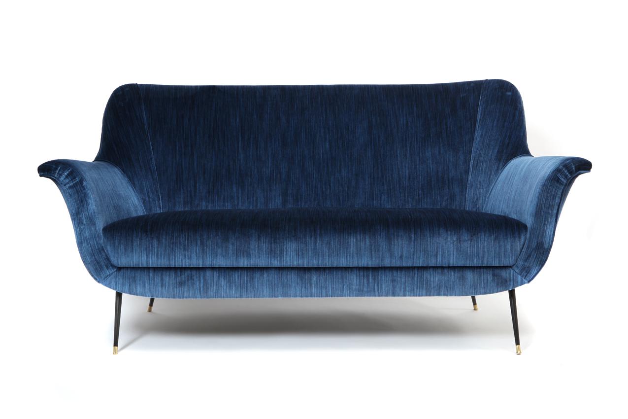 Brass Vintage Midcentury Italian Sofa Upholstered in Blue Silk Velvet