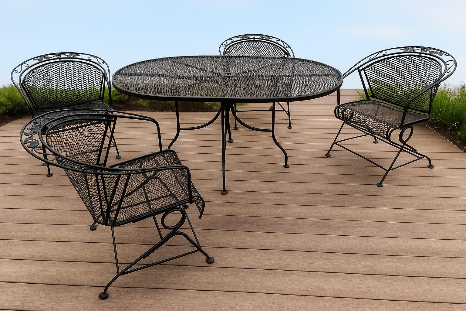 Create a relaxing and comfortable outdoor seating area with these beautiful vintage Meadow Craft wrought iron coil spring barrel chairs and 60 inch wrought iron table.

Crafted from high-quality wrought iron, these chairs not only look stylish but