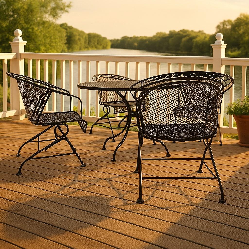 Mid-Century Modern Vintage Meadow Craft collection wrought-iron Coil Spring Barrel Chairs w/ Table For Sale