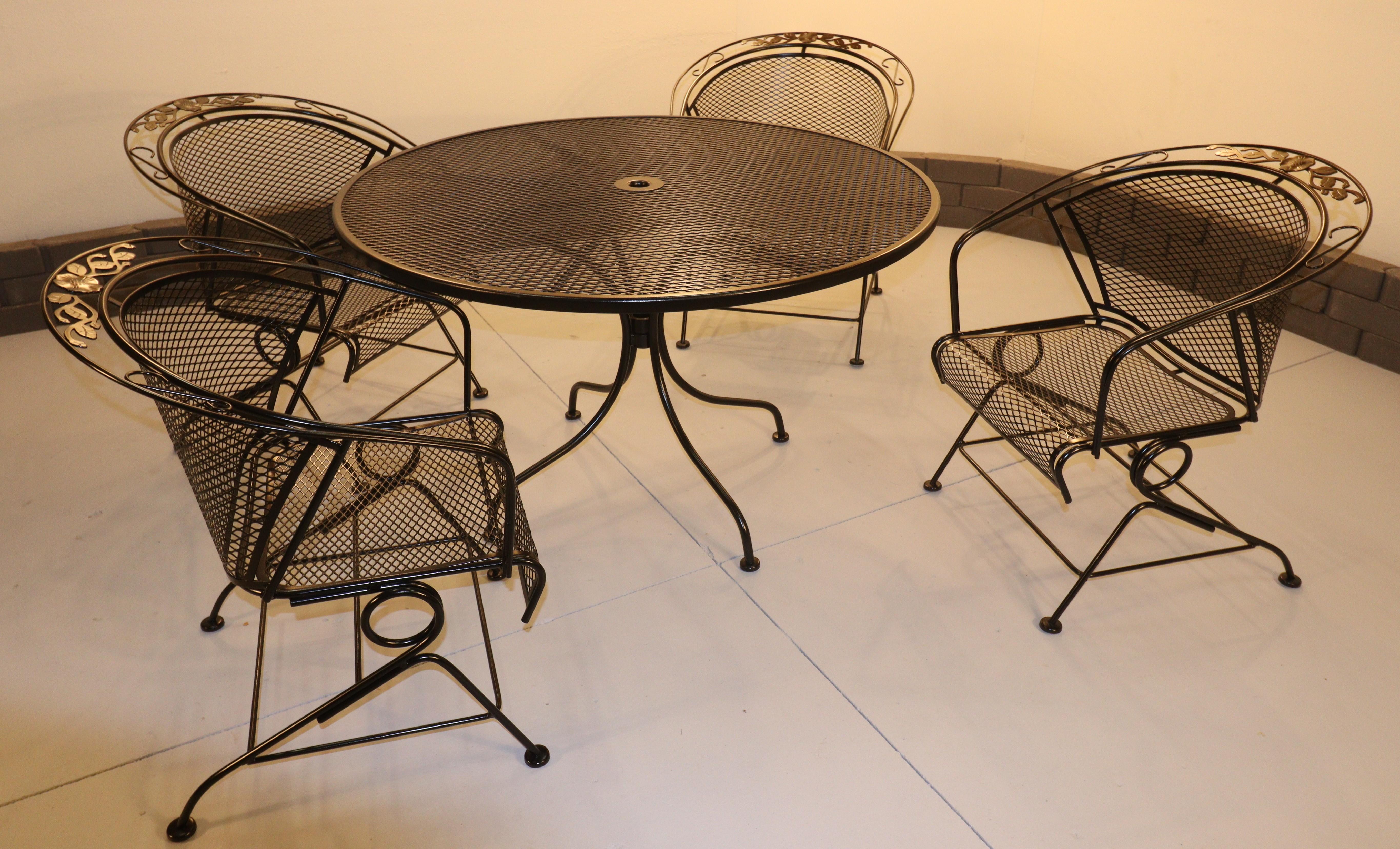 Vintage Meadow Craft collection wrought-iron Coil Spring Barrel Chairs w/ Table For Sale 1