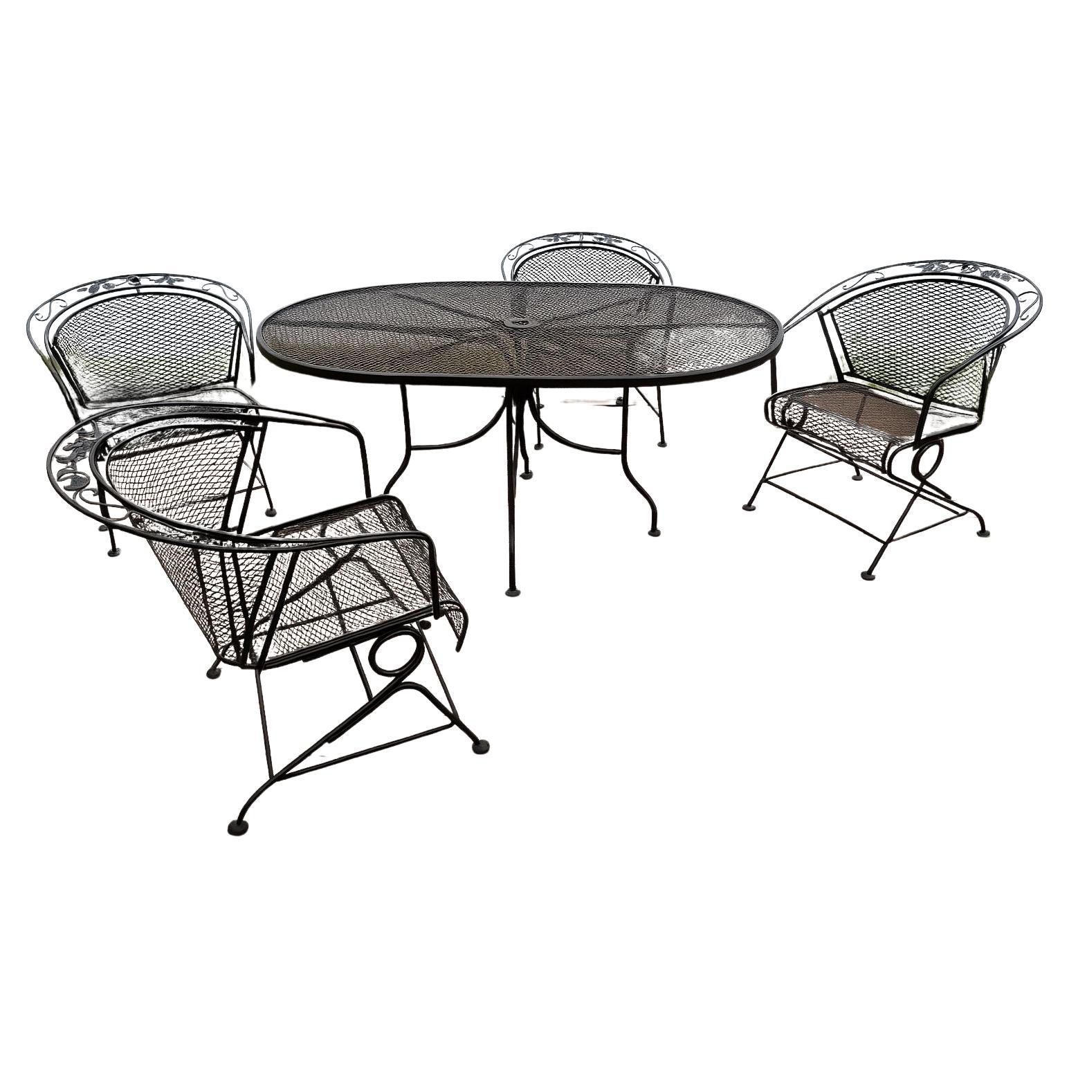 Vintage Meadow Craft collection wrought-iron Coil Spring Barrel Chairs w/ Table For Sale