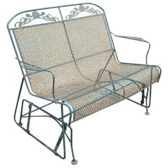 Vintage Meadowcraft Dogwood Green Wrought Iron Garden Patio Glider Loveseat