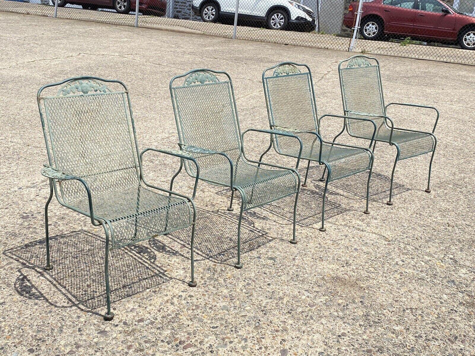 Vintage Meadowcraft Dogwood Green Wrought Iron Outdoor Patio Arm Chairs - Set of 4. circa mid to late 20th century. Measurements: 38