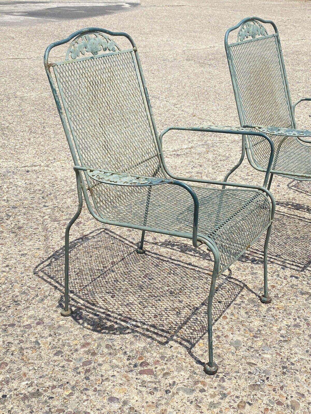 Victorian Vintage Meadowcraft Dogwood Green Wrought Iron Outdoor Patio Chairs, Set of 4