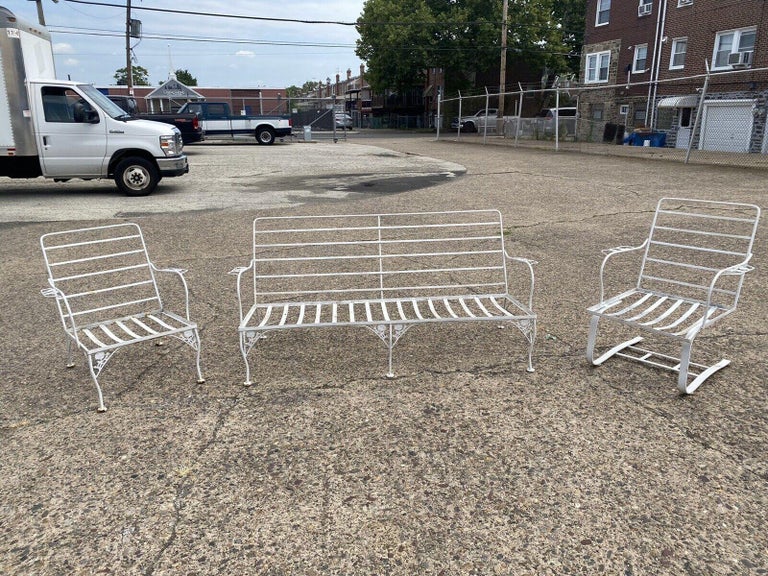 Vintage Meadowcraft Dogwood wrought iron garden patio set sofa chairs - 3 Pc Set. Item features (1) sofa, (1) bouncer lounge chair, (1) armchair, wrought iron construction, very nice vintage set, quality American craftsmanship, great style and form.