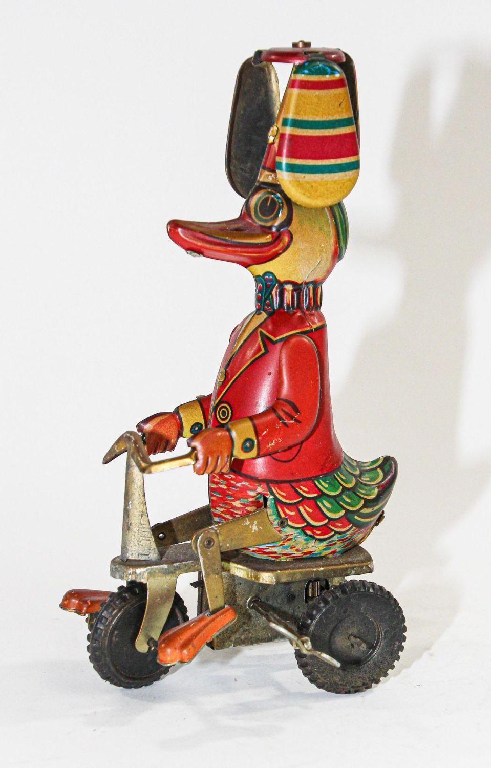 American Craftsman Vintage Mechanical Hand-Painted Wind-Up Duck on Bike