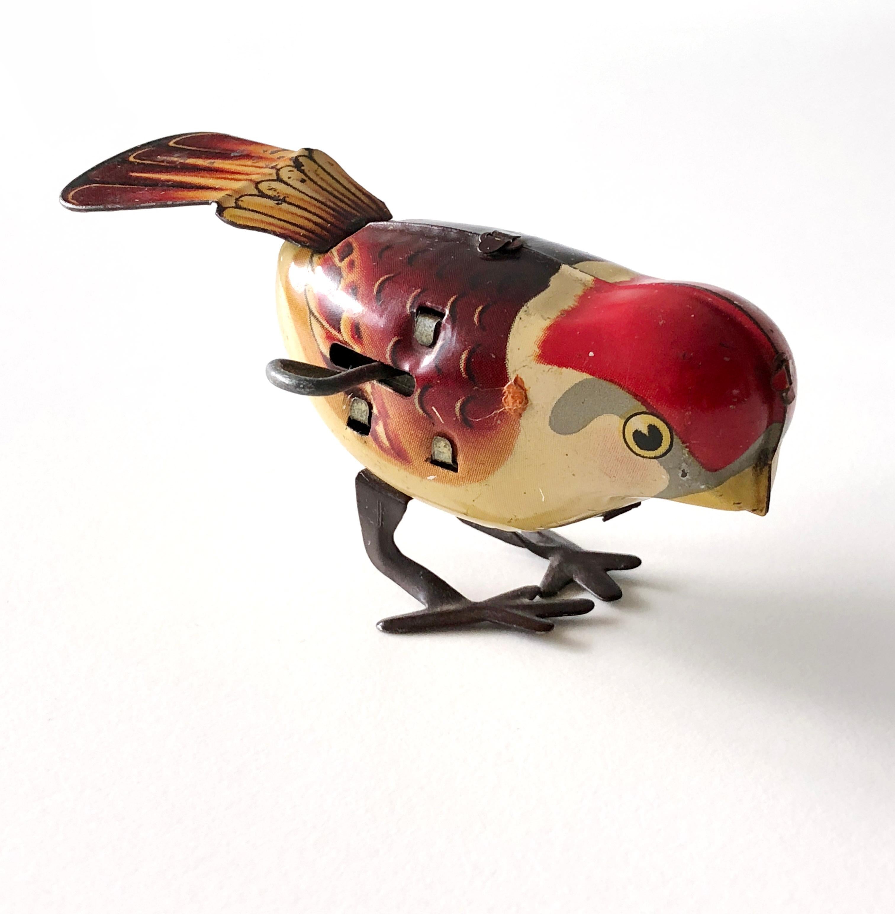 Mid-Century Modern Vintage Mechanical tin plated wind up Sparrow Bird toy - 1960's - China For Sale