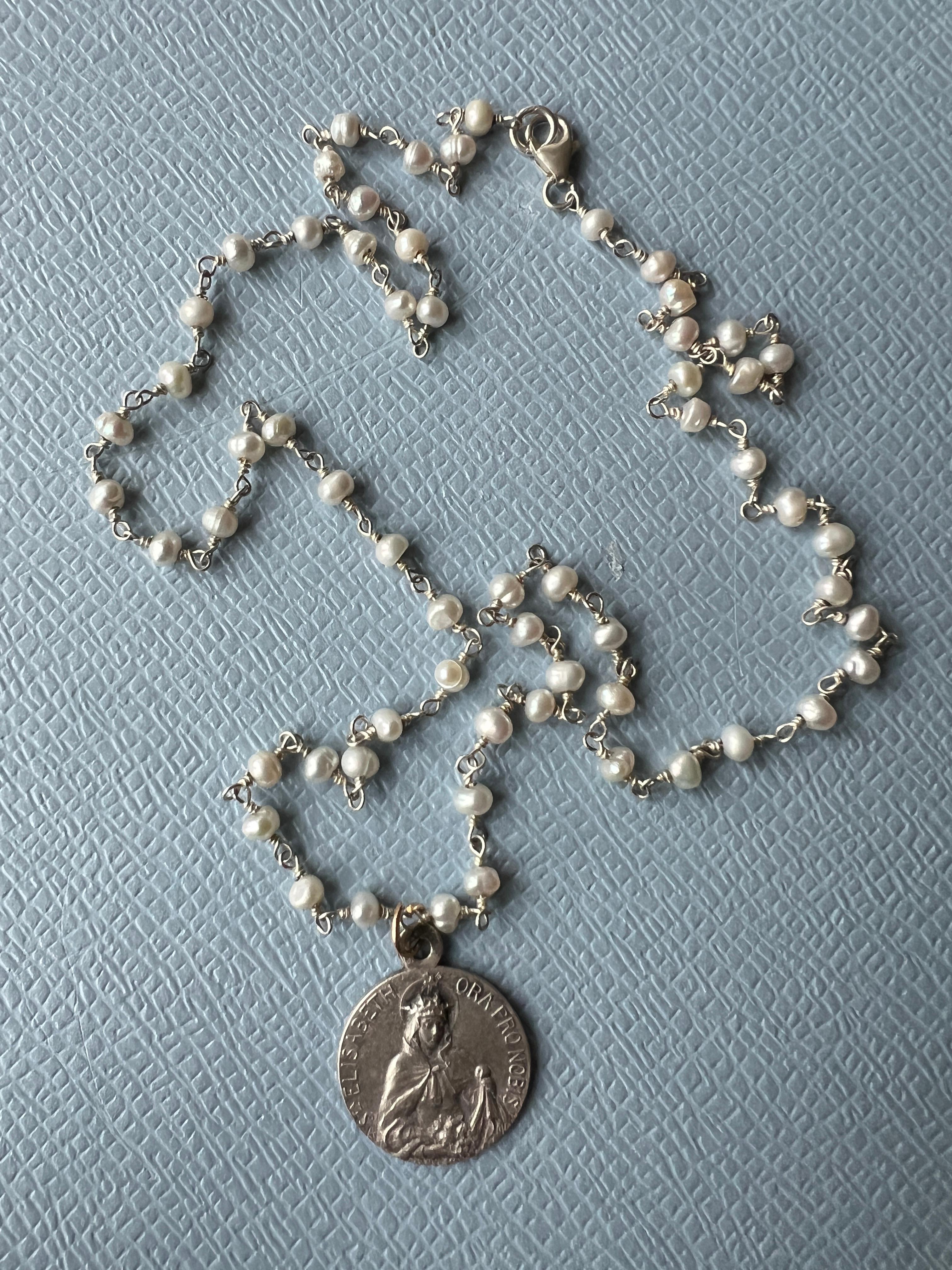 Vintage Medal Saint Elizabeth White Pearl Rosario Necklace One of a Kind 3