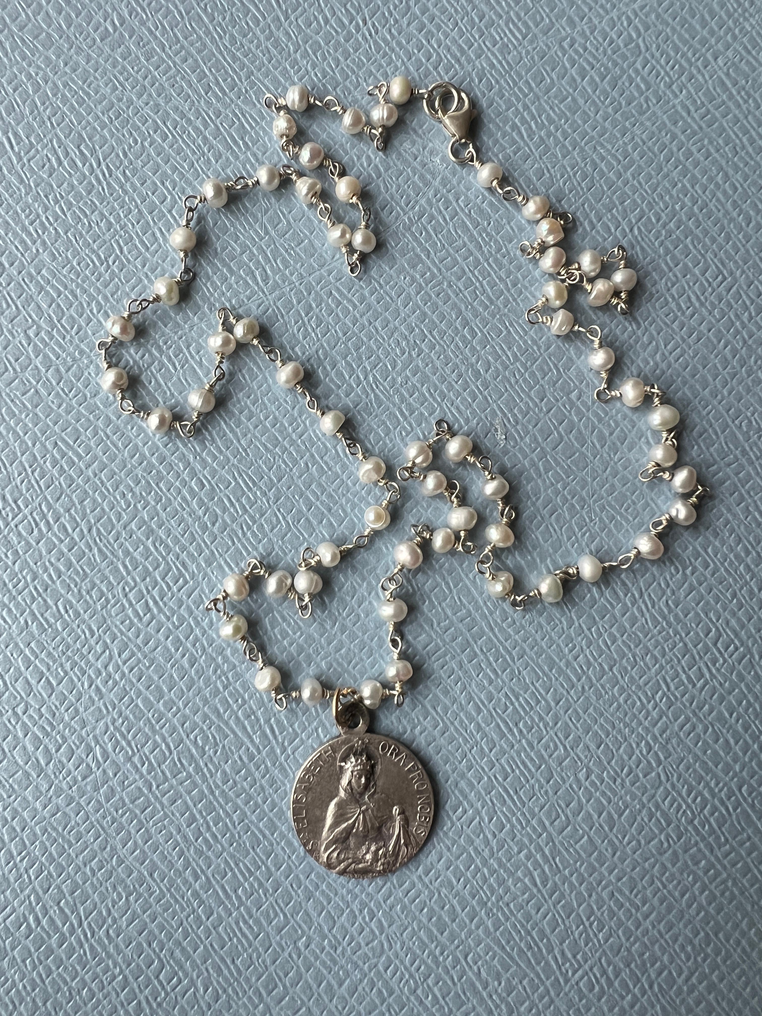 Vintage Medal Saint Elizabeth White Pearl Rosario Necklace One of a Kind 4