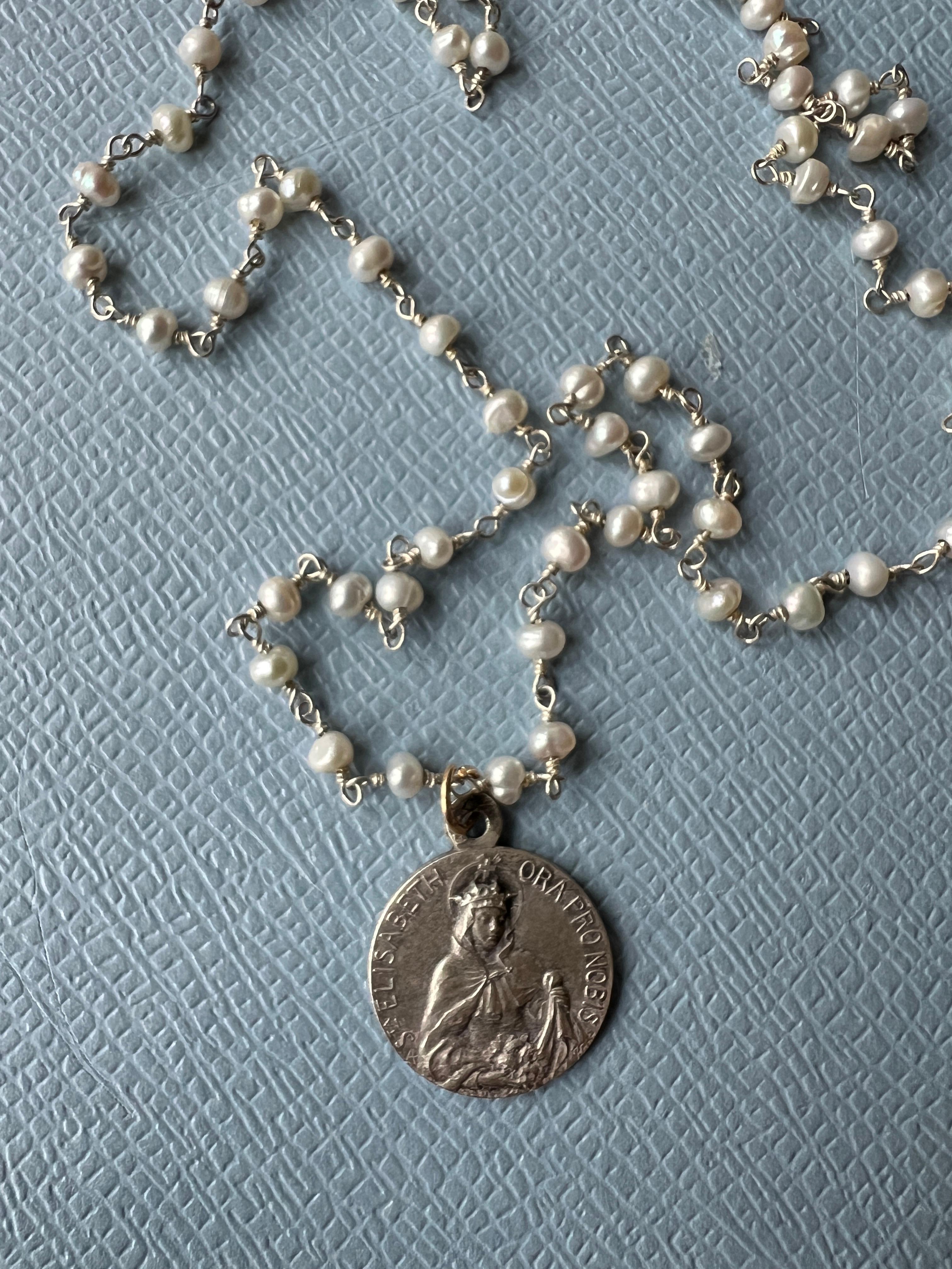 Vintage Medal Saint Elizabeth White Pearl Rosario Necklace One of a Kind 5