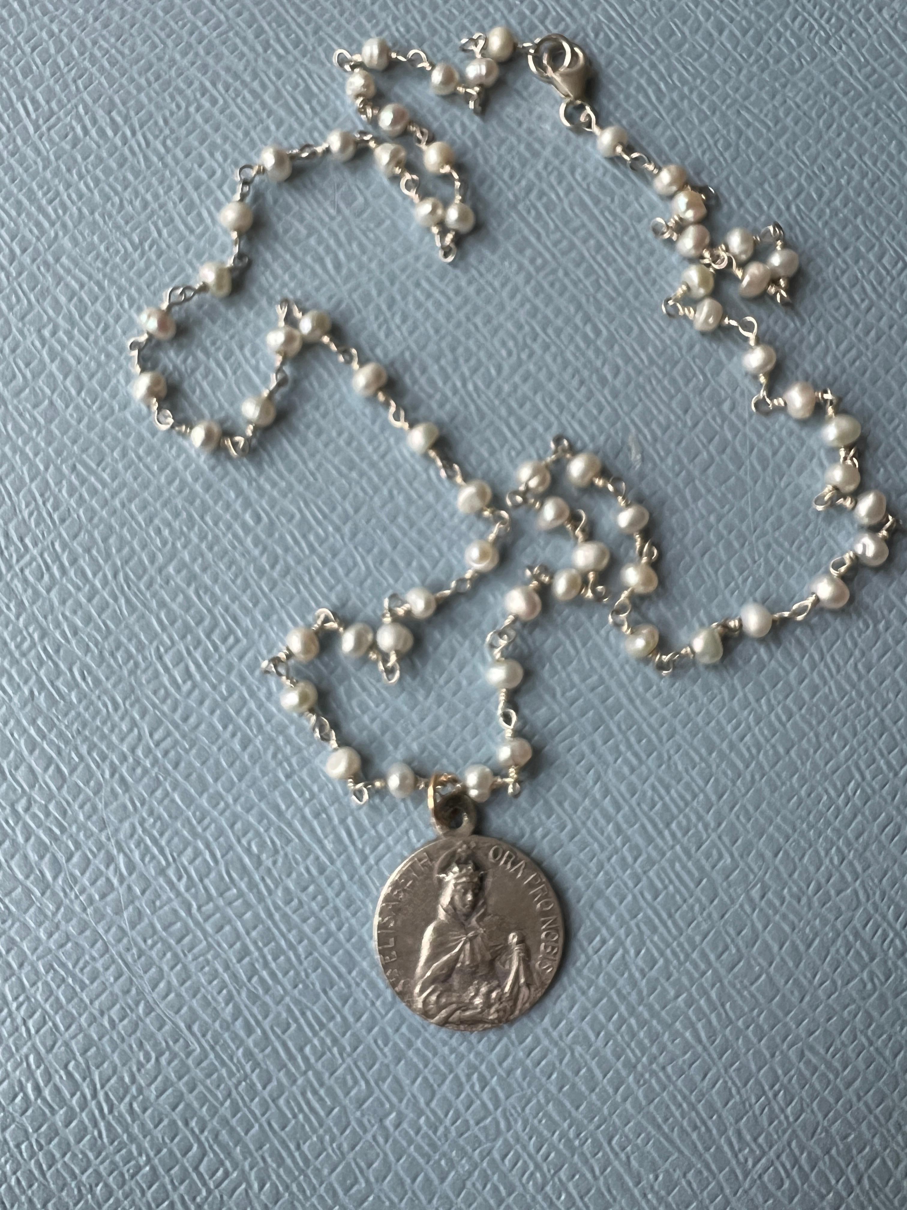 Vintage Medal Saint Elizabeth White Pearl Rosario Necklace One of a Kind 6