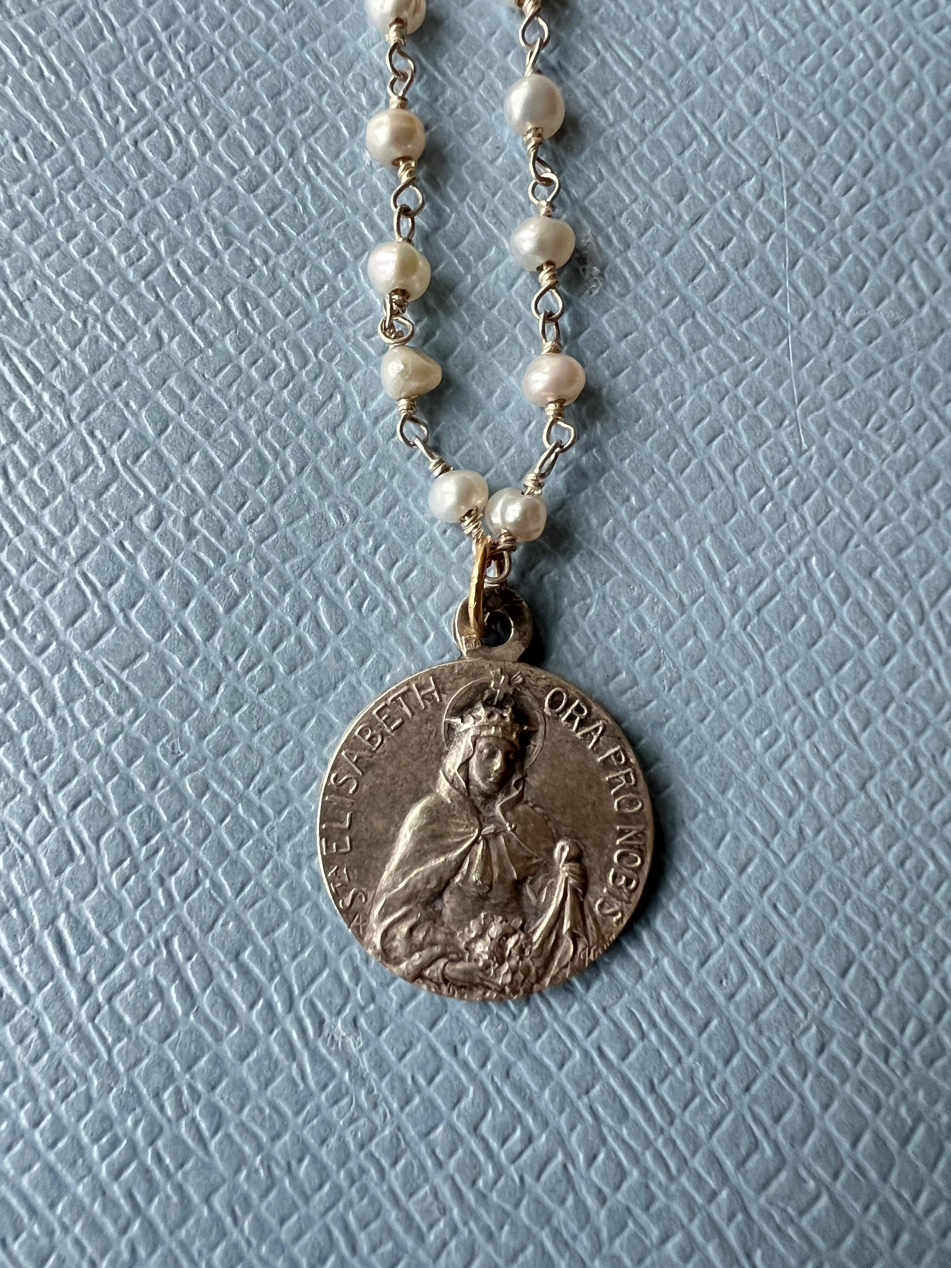 Contemporary Vintage Medal Saint Elizabeth White Pearl Rosario Necklace One of a Kind