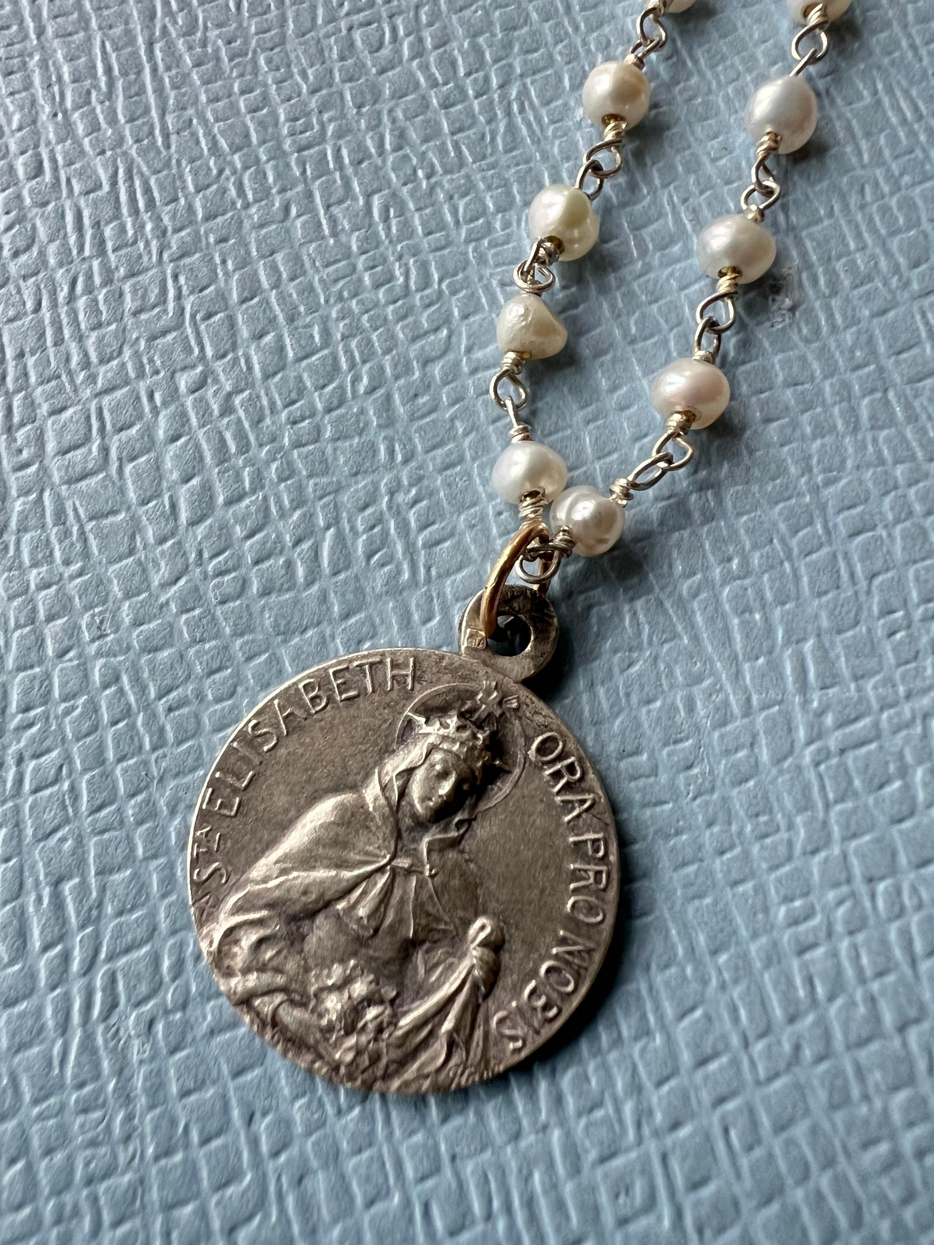 Round Cut Vintage Medal Saint Elizabeth White Pearl Rosario Necklace One of a Kind