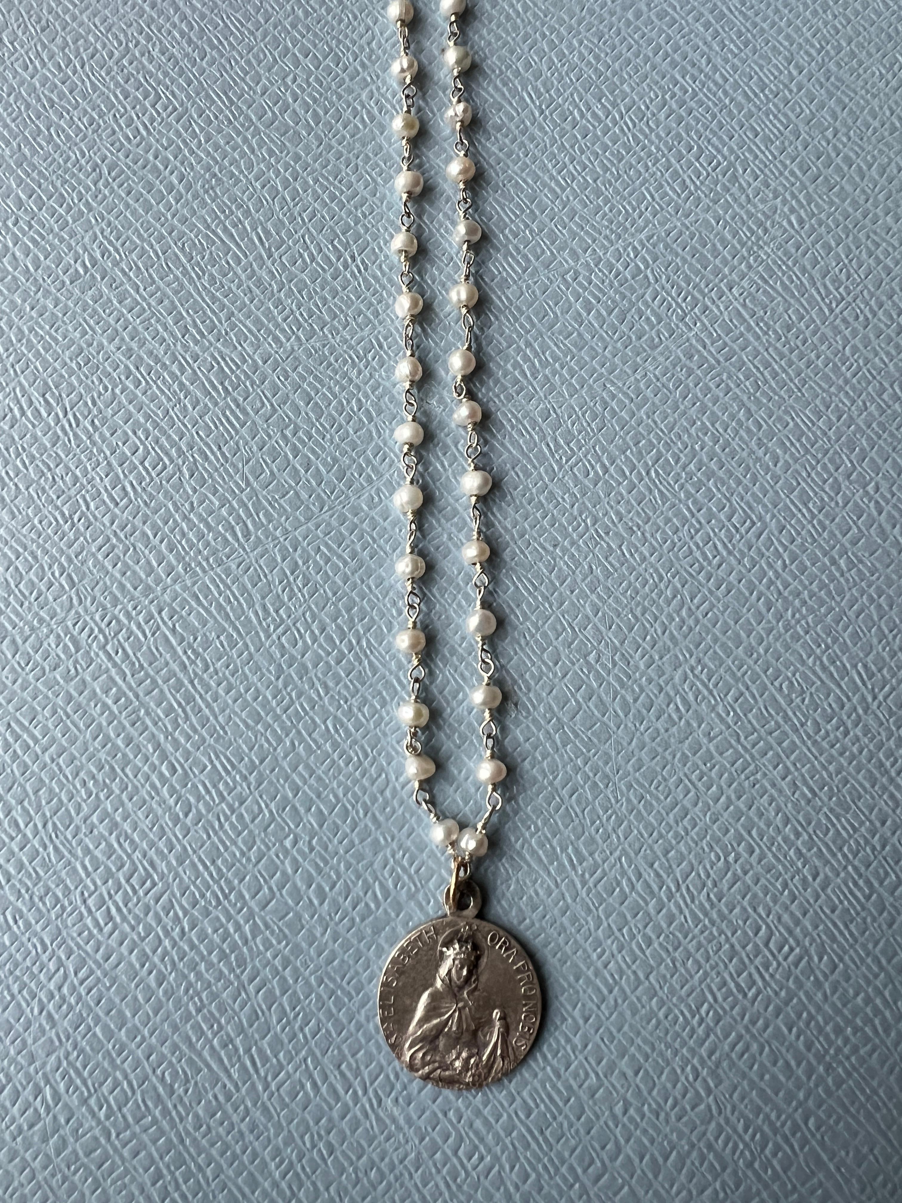 Women's or Men's Vintage Medal Saint Elizabeth White Pearl Rosario Necklace One of a Kind