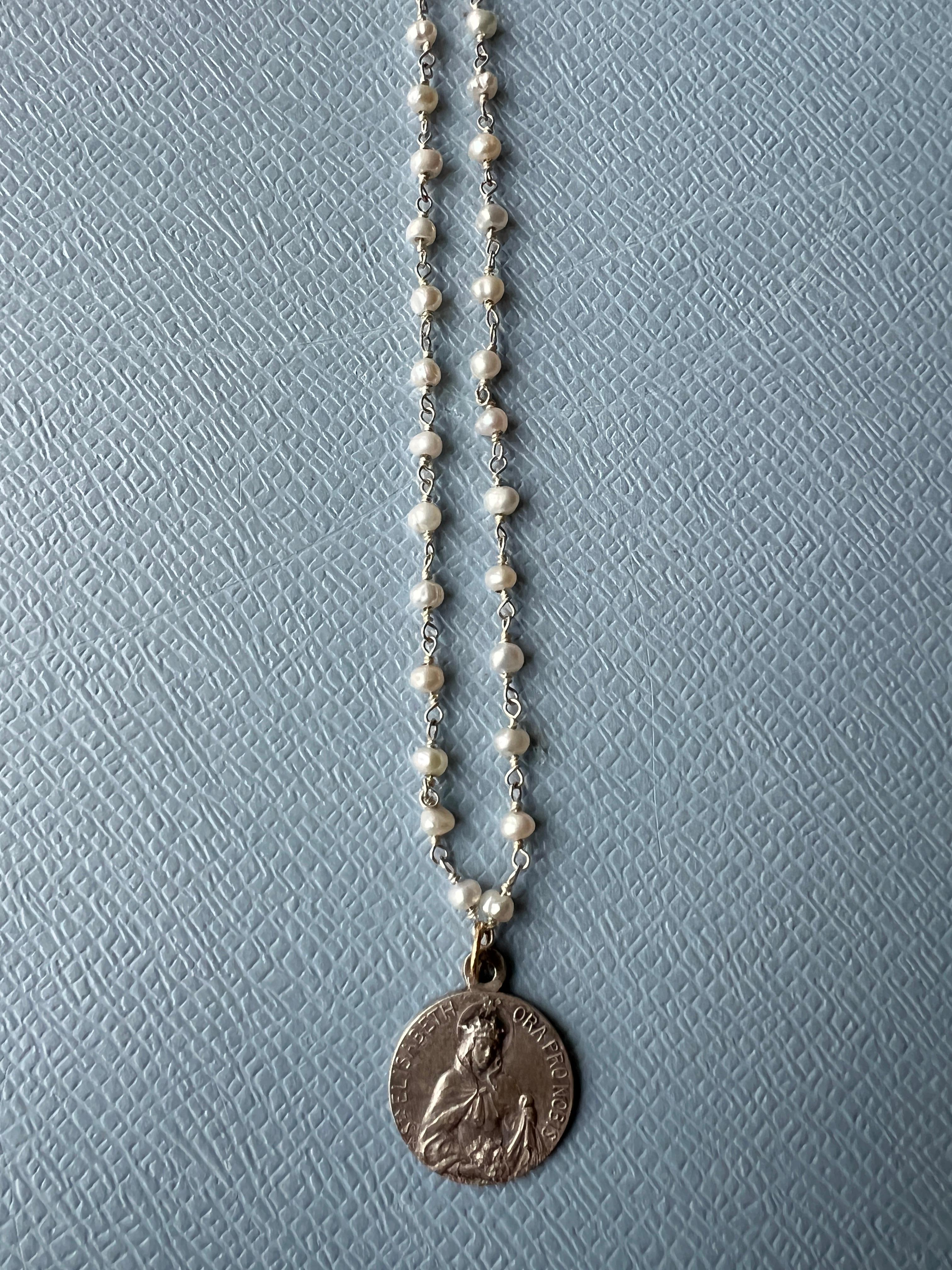 Vintage Medal Saint Elizabeth White Pearl Rosario Necklace One of a Kind 1