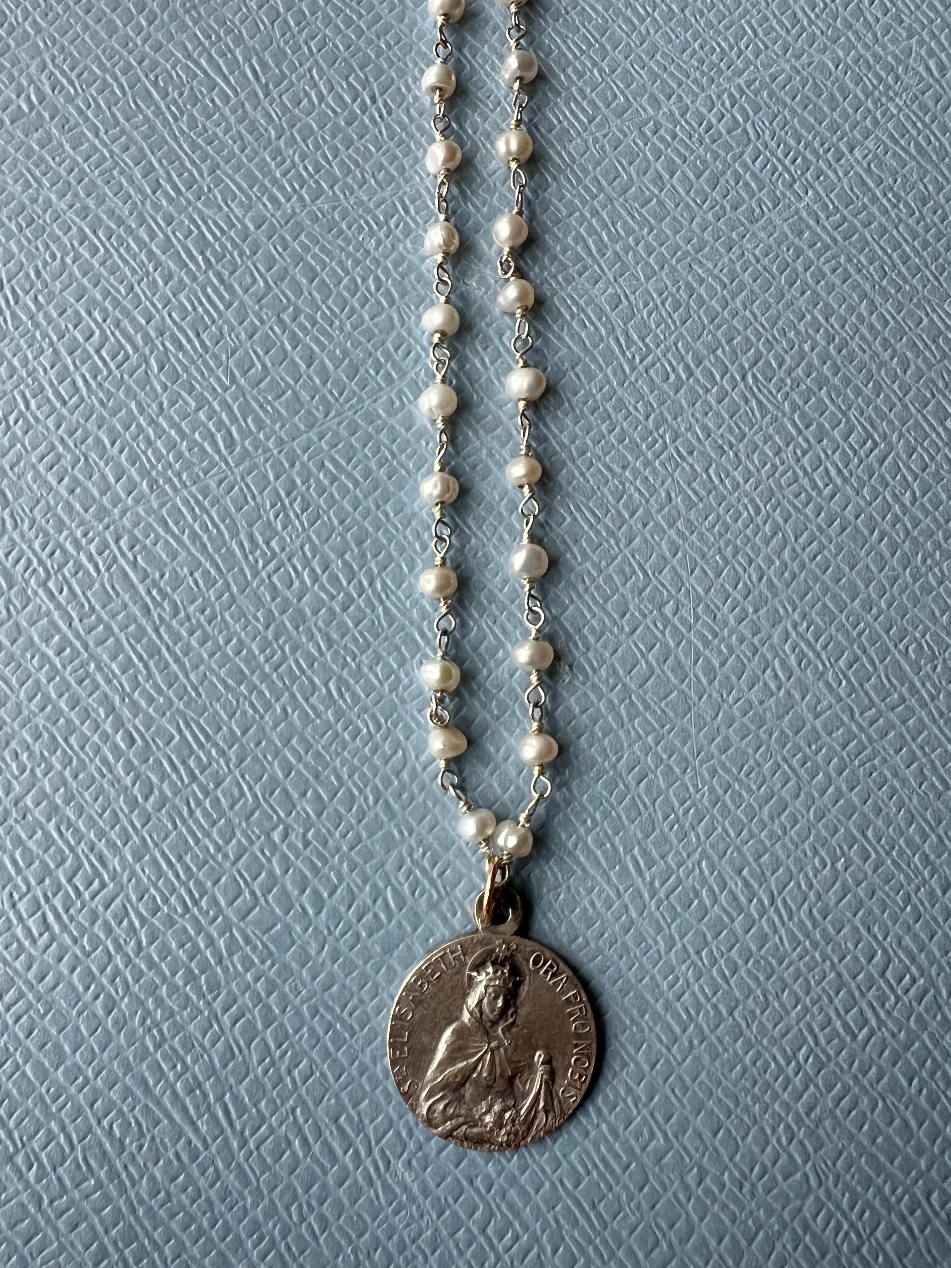 Vintage Medal Saint Elizabeth White Pearl Rosario Necklace One of a Kind 2
