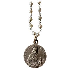 Vintage Medal Saint Elizabeth White Pearl Rosario Necklace One of a Kind