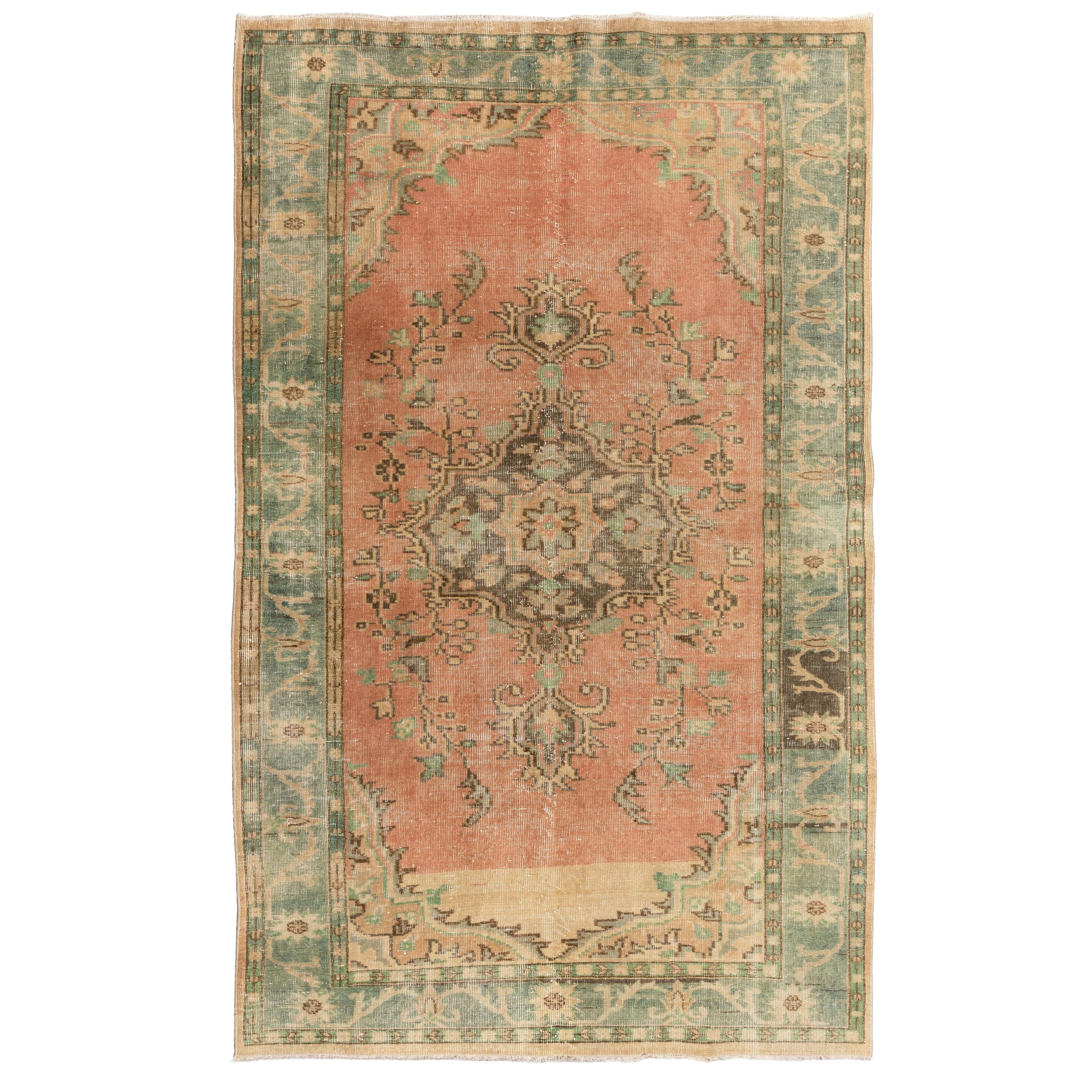 6x9.4 Ft Vintage Medallion Oushak Rug with Soft Peach, Green, Sand, Brown Colors