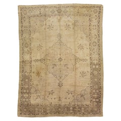 Tapis turc en laine Oushak à motif médaillon vintage fait à la main en beige