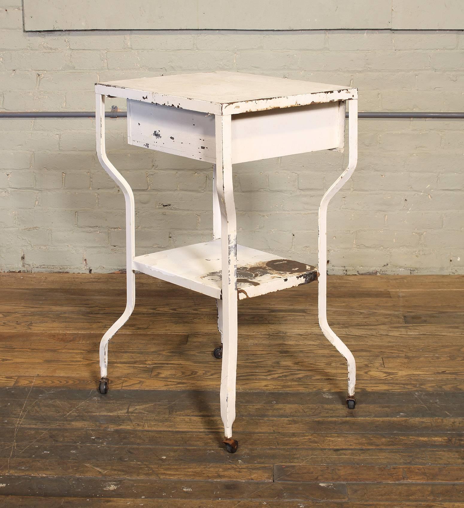 Industrial Vintage Medical Side Table or Rolling Bar Cart