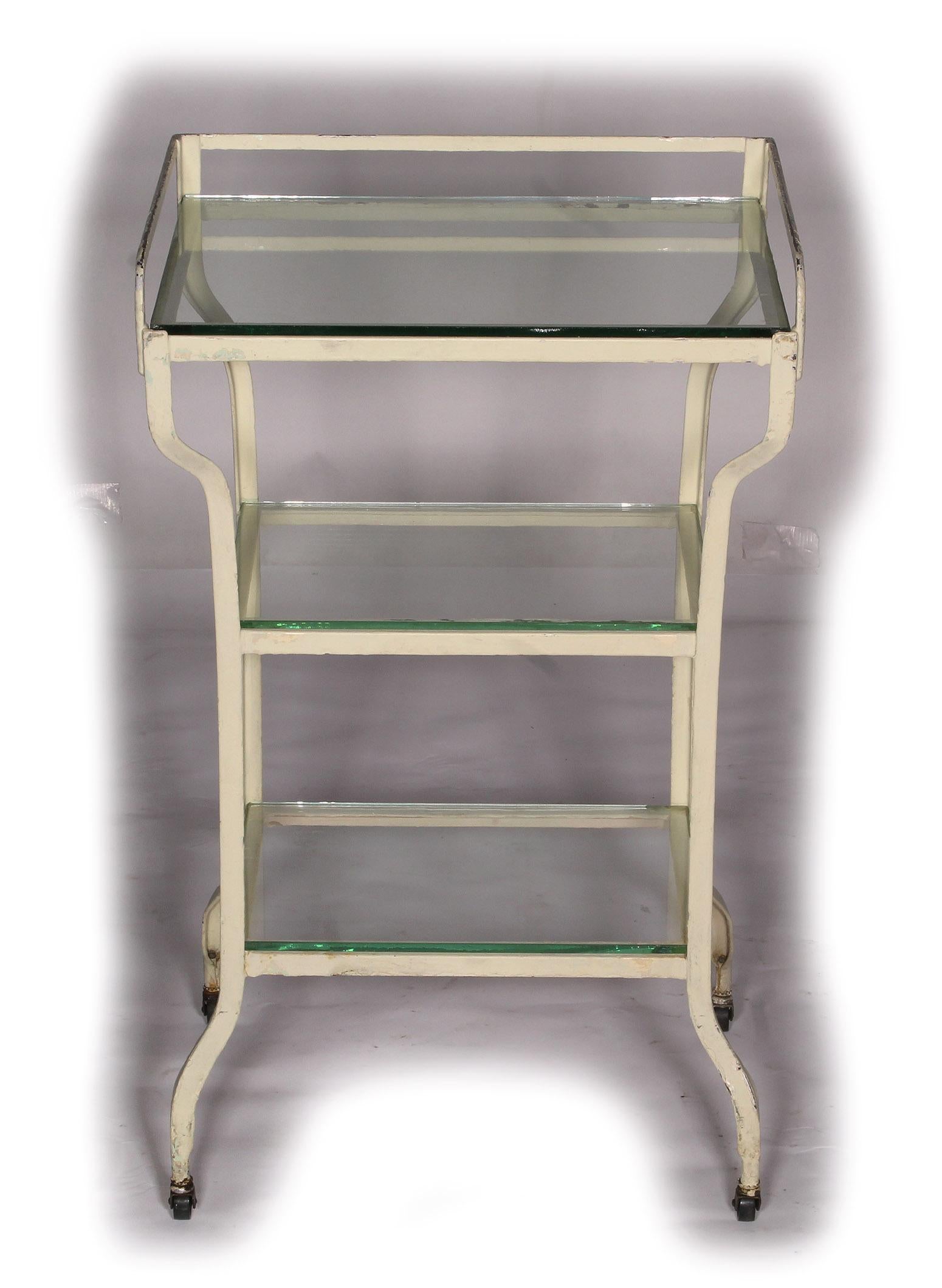 Vintage 3-tier white medical stand on wheels. Also available, matching narrower stand.