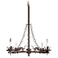 Vintage Medieval Style Wrought Iron 4-Light Chandelier