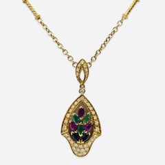 Vintage Mediterranean 18K Gold Diamond & Gemstone Floral Motif Necklace