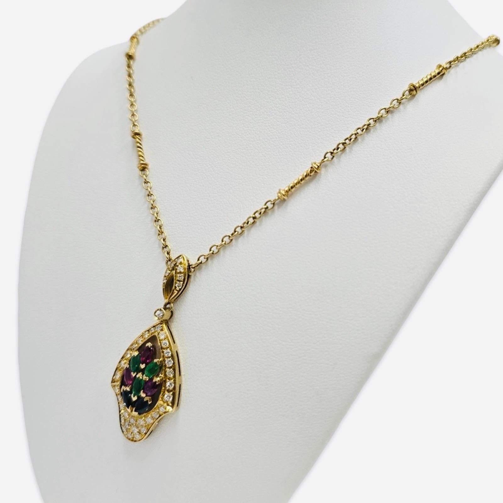 Round Cut Vintage Mediterranean 18K Gold Diamond & Gemstone Floral Motif Necklace For Sale