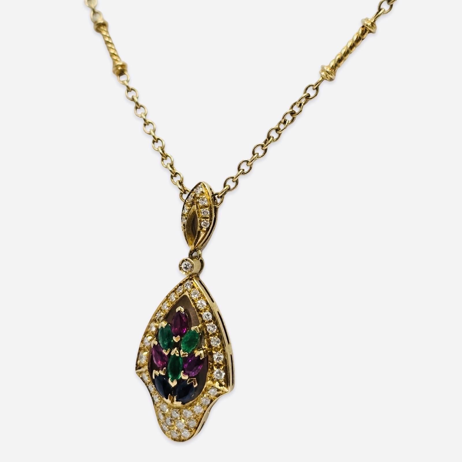 Vintage Mediterranean 18K Gold Diamond & Gemstone Floral Motif Necklace In Excellent Condition For Sale In Miami, FL