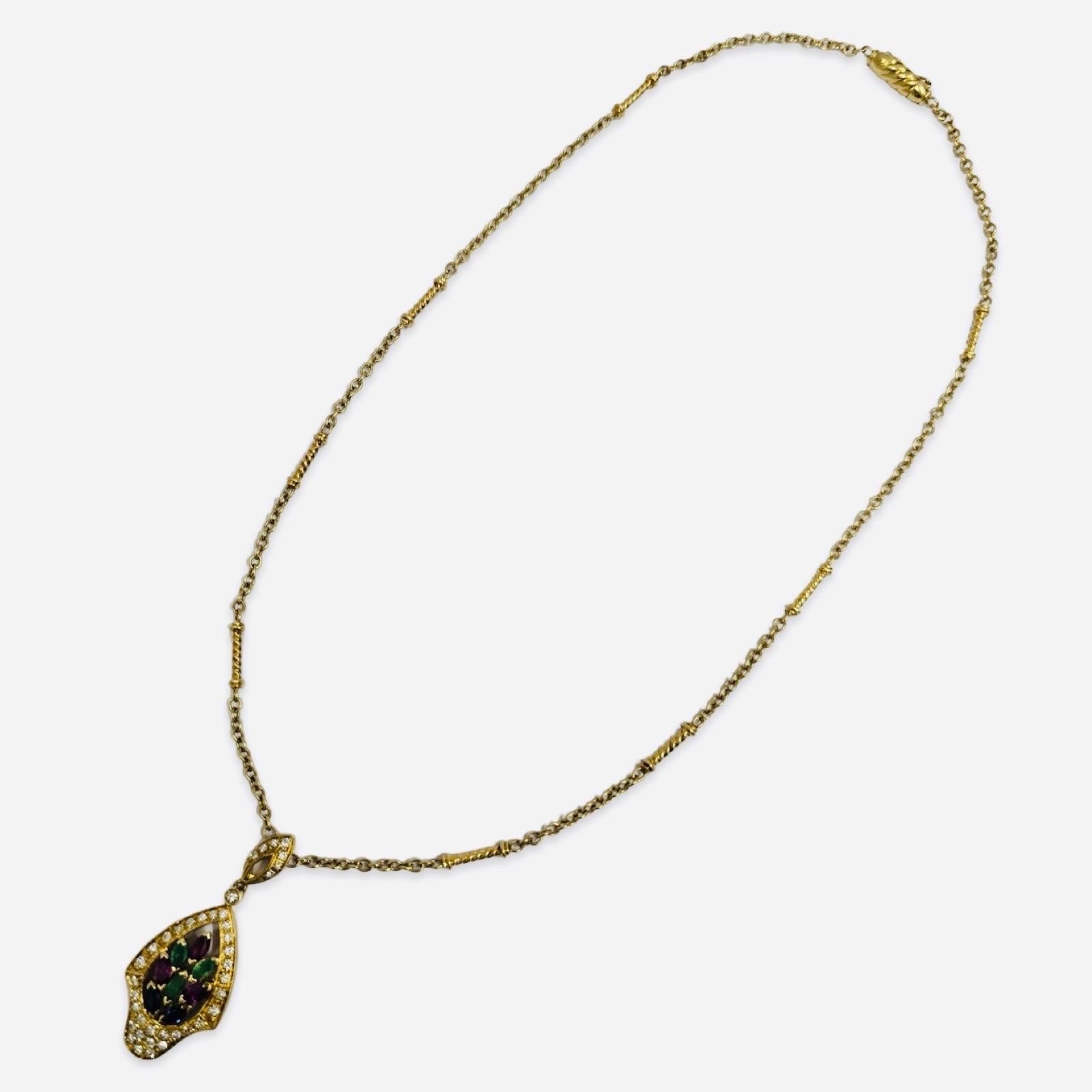 Women's Vintage Mediterranean 18K Gold Diamond & Gemstone Floral Motif Necklace For Sale