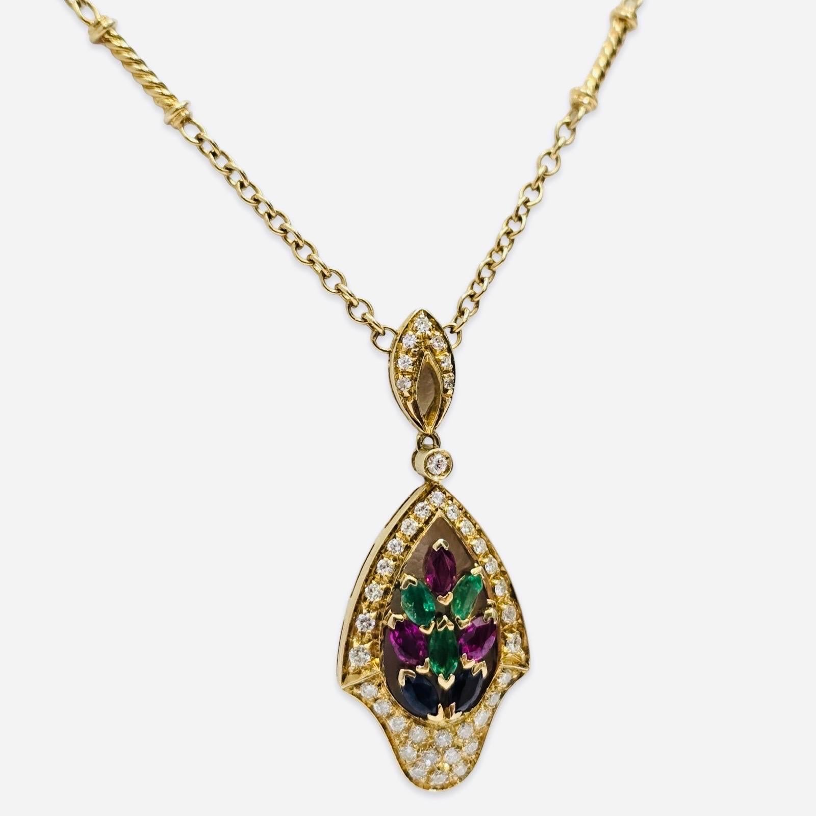 Vintage Mediterranean 18K Gold Diamond & Gemstone Floral Motif Necklace For Sale 1
