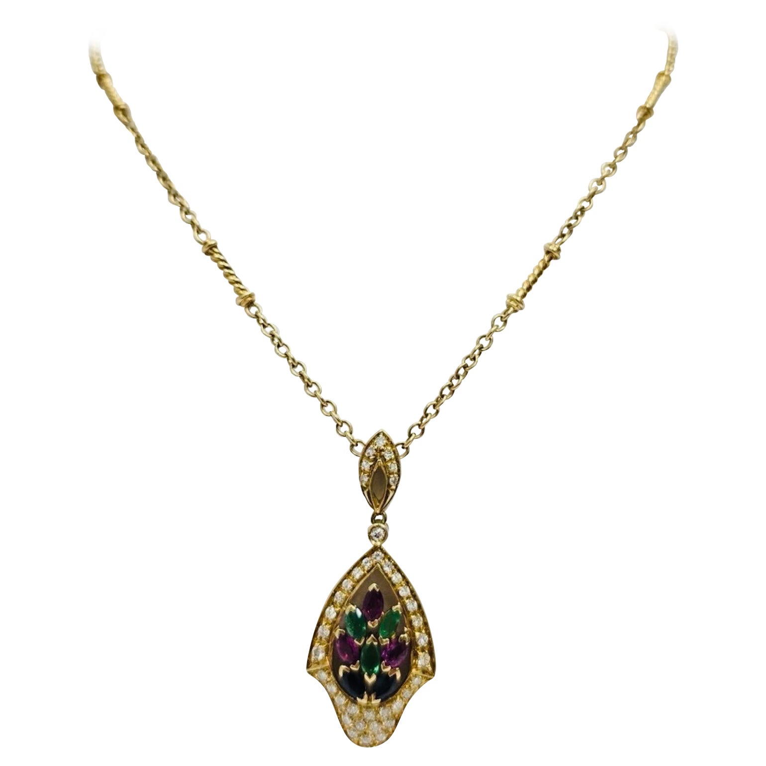 Vintage Mediterranean 18K Gold Diamond & Gemstone Floral Motif Necklace For Sale