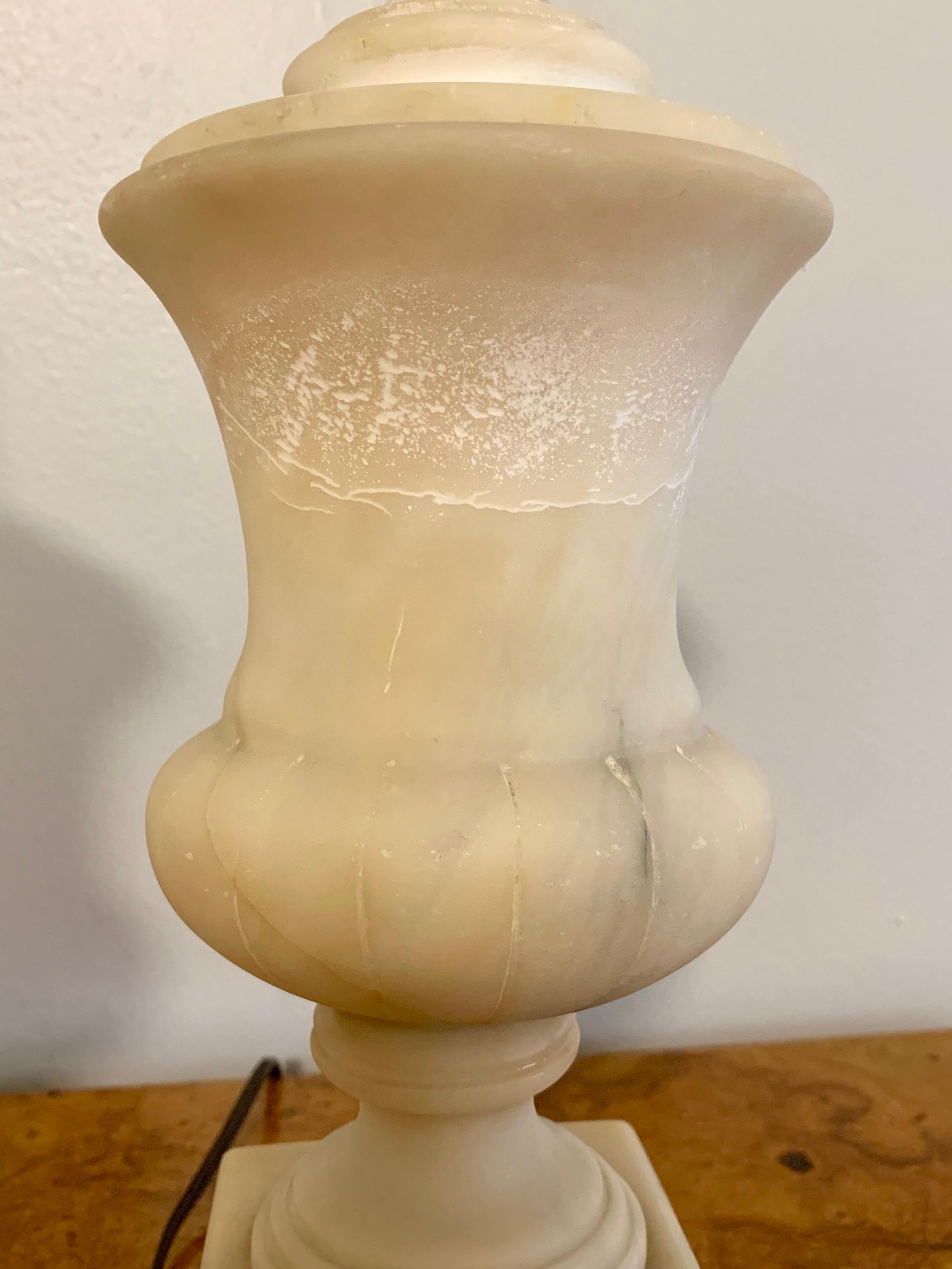 Hollywood Regency Vintage Mediterranean Alabaster and Brass Urn Lamps with Final, a Pair For Sale