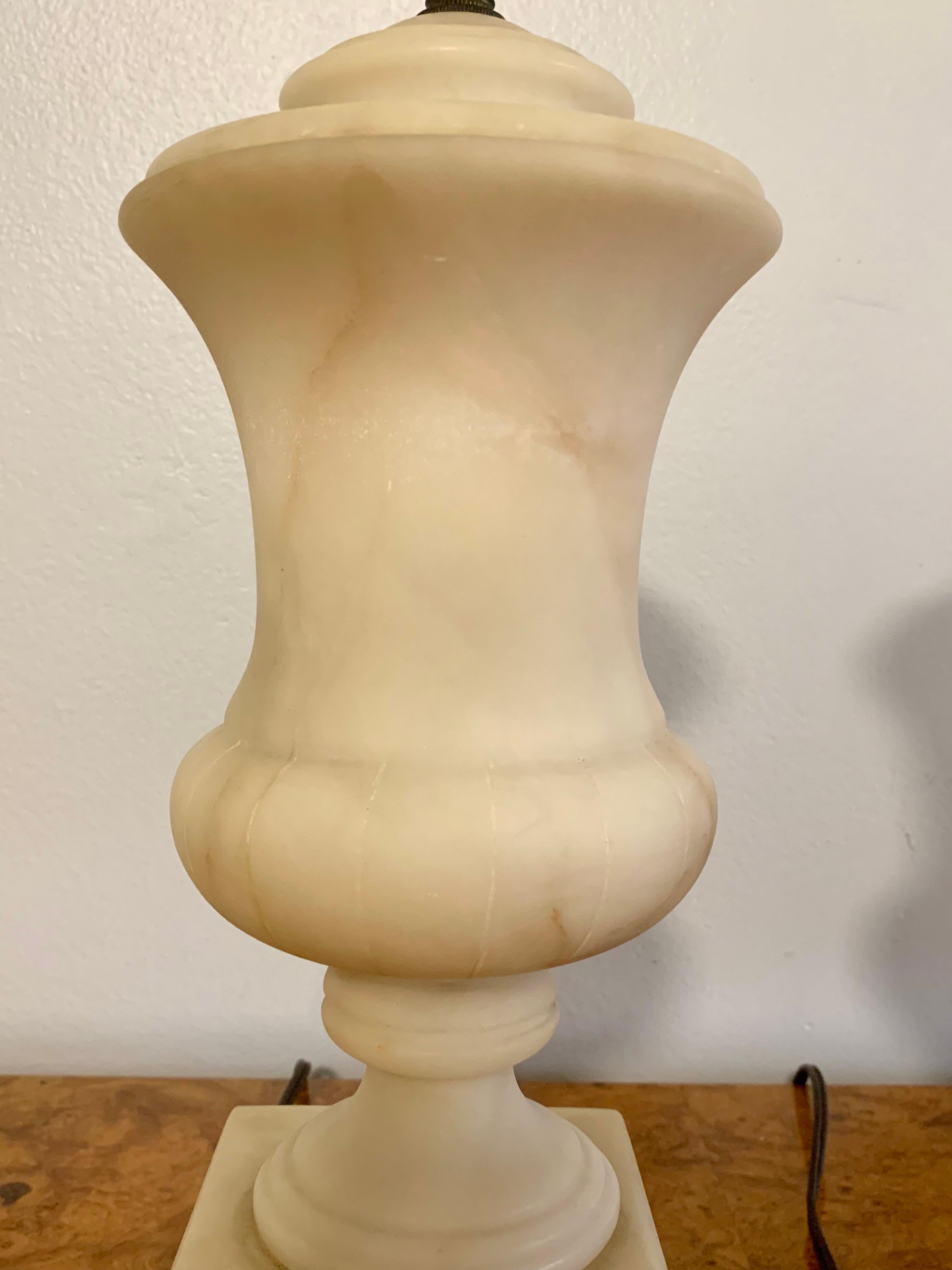 European Vintage Mediterranean Alabaster and Brass Urn Lamps with Final, a Pair For Sale