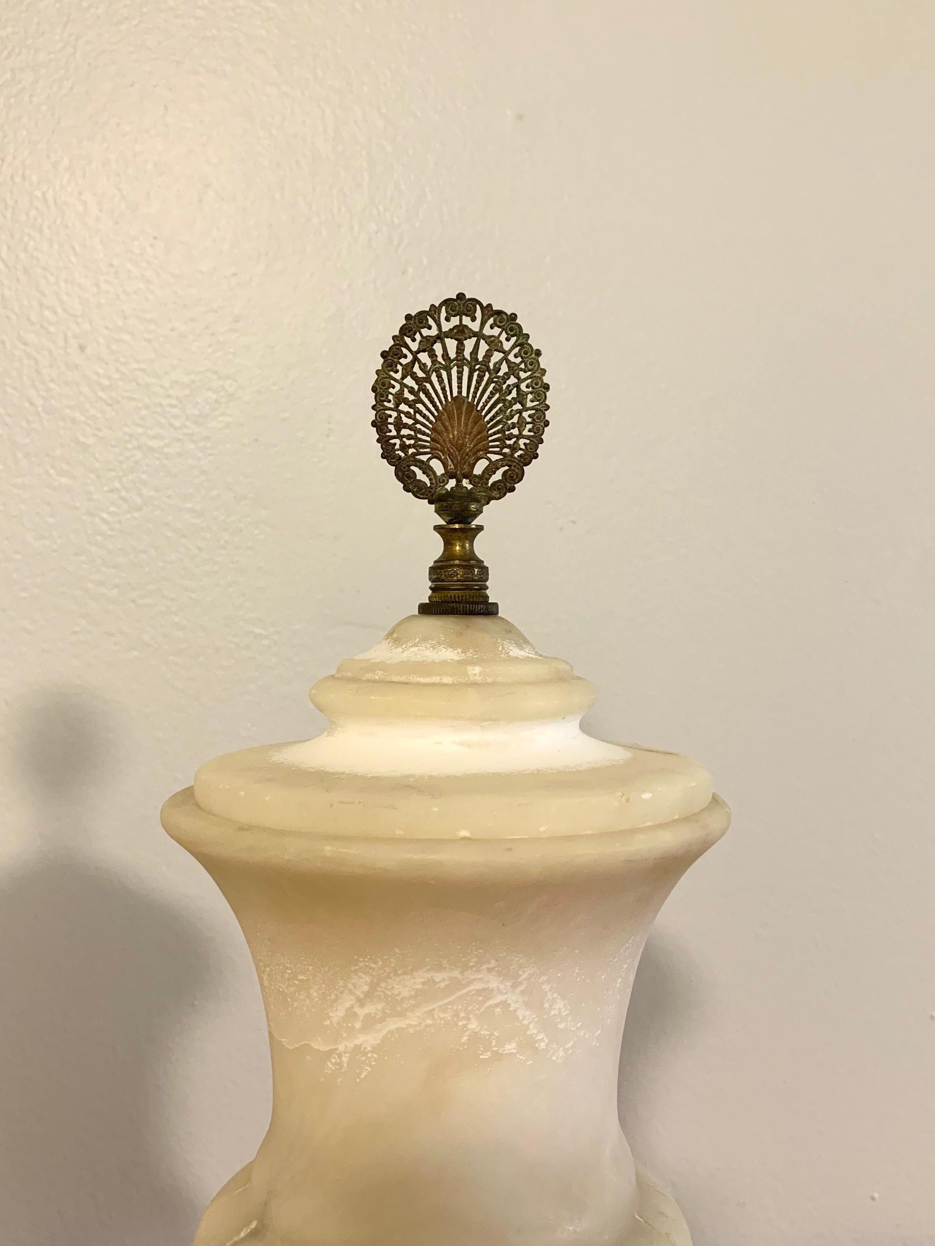 Vintage Mediterranean Alabaster and Brass Urn Lamps with Final, a Pair In Fair Condition For Sale In Boynton Beach, FL