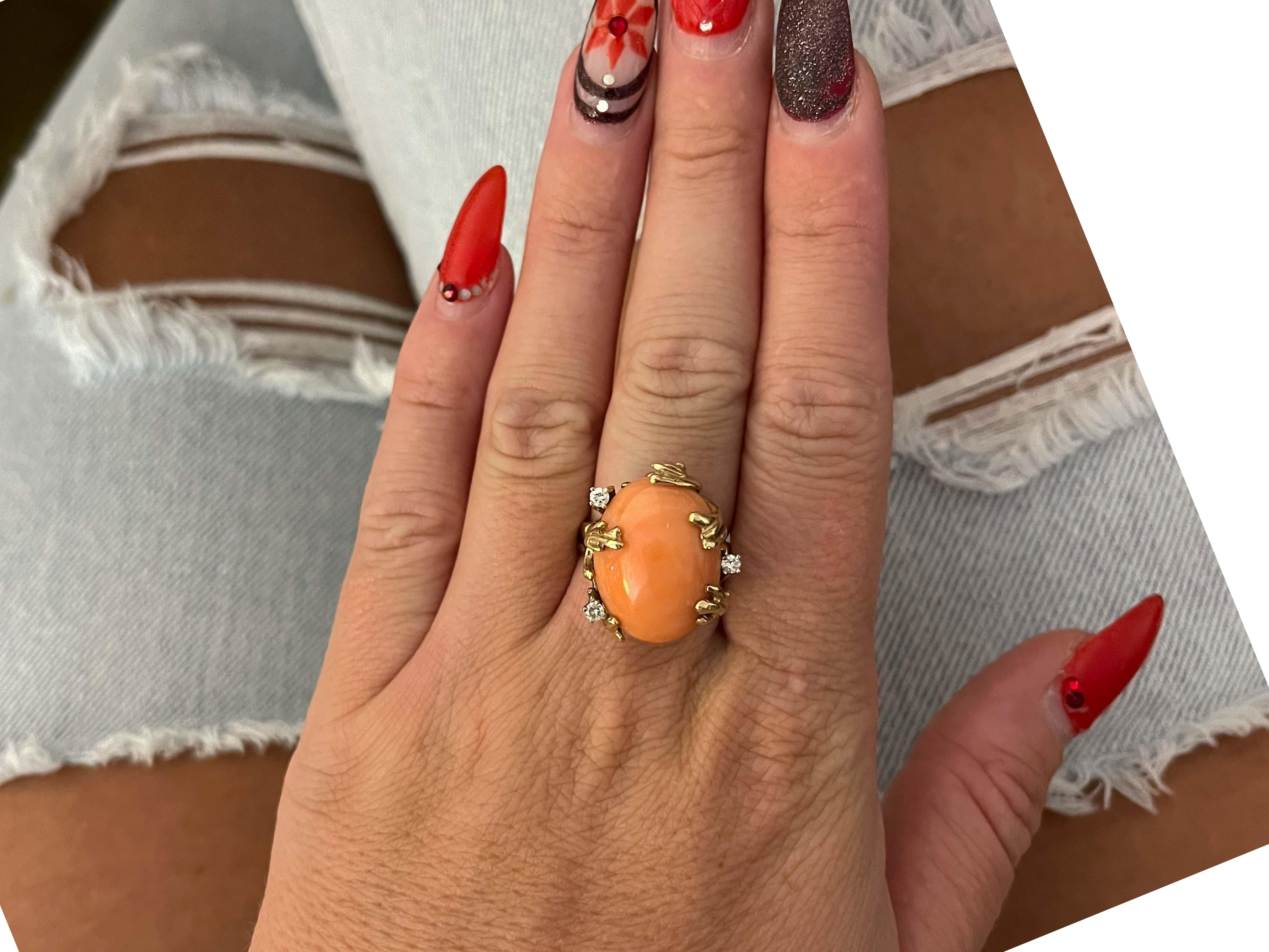 Item Specifications:

Metal: 14K Yellow Gold

Style: Statement Ring

Ring Size: 7 (resizing available for a fee)

Total Weight: 10.5 Grams

Ring Height: 21 mm

Mediteranean Coral Specifications:

Shape: Oval Cabochon

Measurements: 20 mm x 14.61 mm