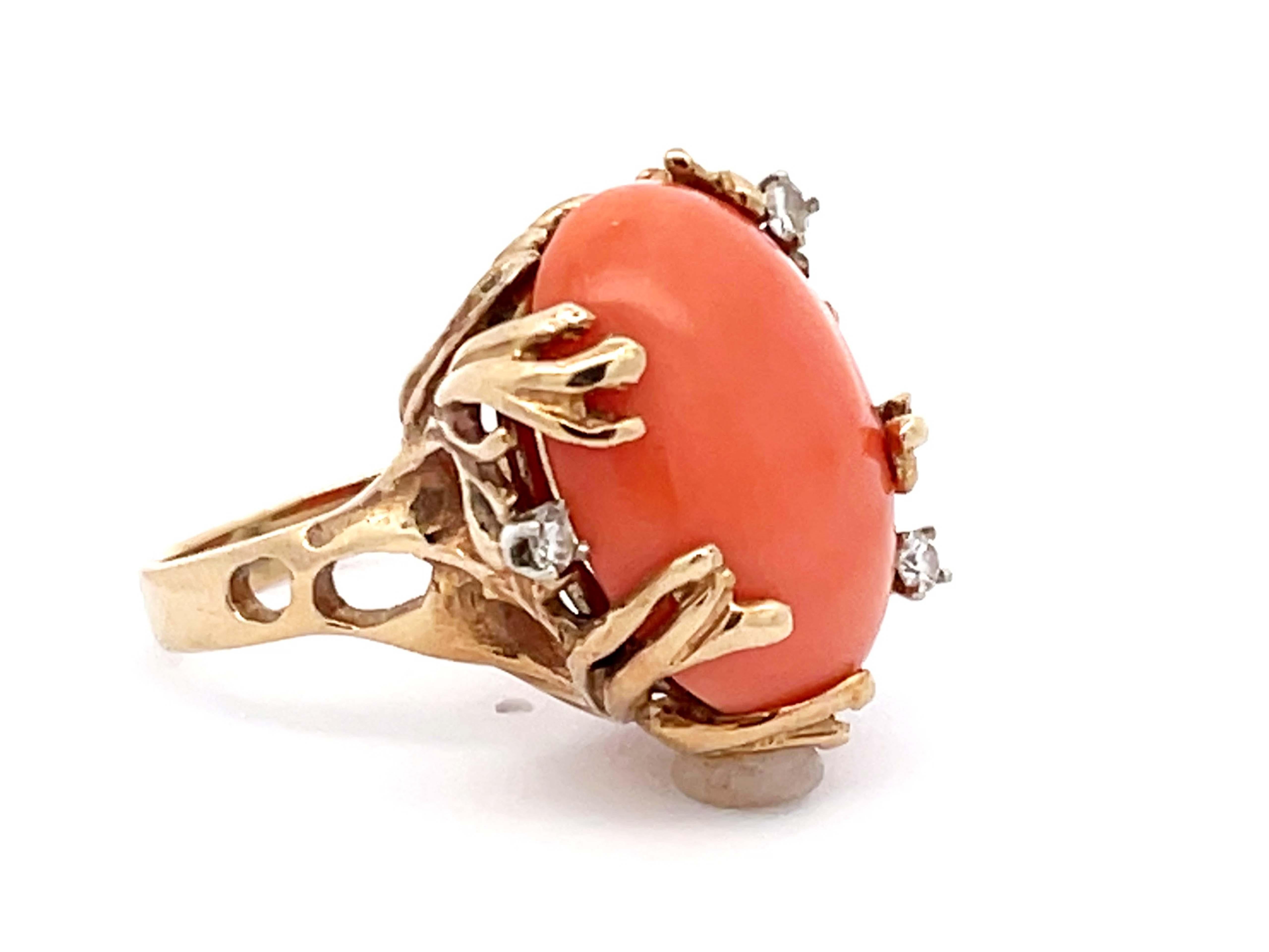 Modern Vintage Mediterranean Coral and Diamond Ring in 14k Yellow Gold For Sale