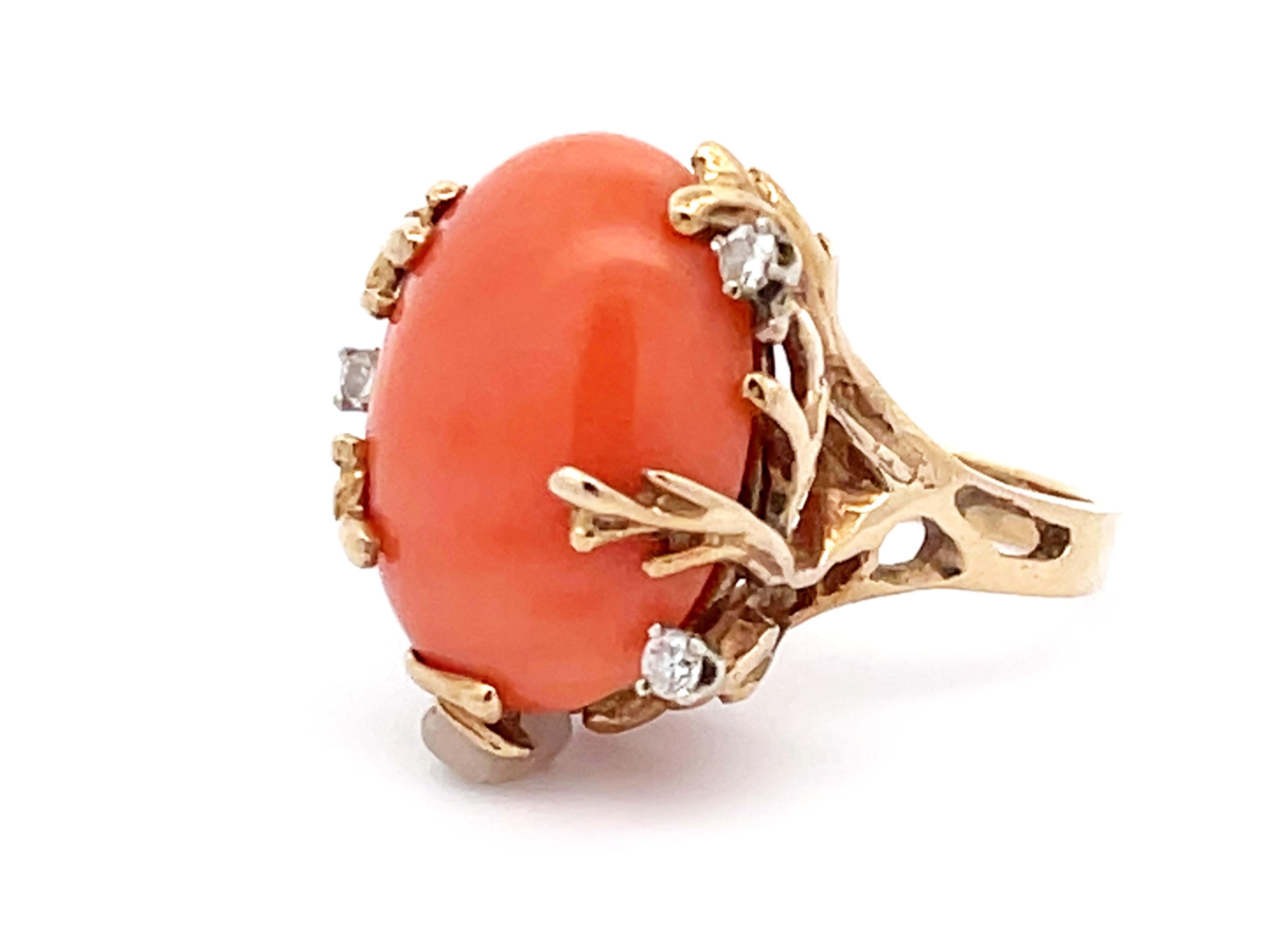 Round Cut Vintage Mediterranean Coral and Diamond Ring in 14k Yellow Gold For Sale