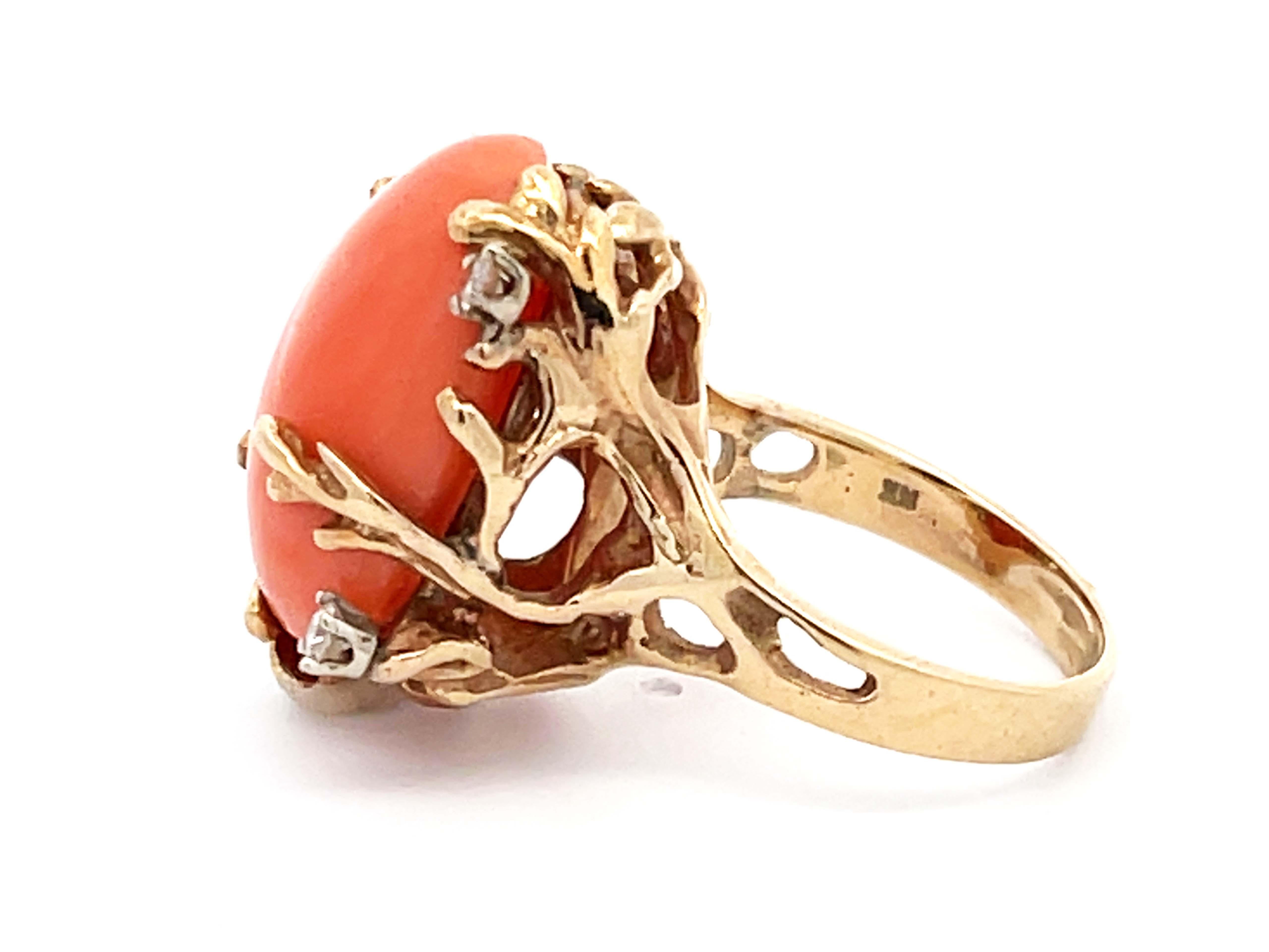 Women's Vintage Mediterranean Coral and Diamond Ring in 14k Yellow Gold For Sale